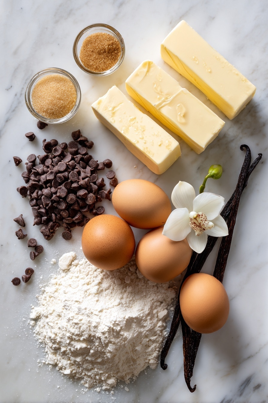 Flat lay of smooth unsalted butter sticks, light and dark brown sugar heaps, shiny semisweet chocolate chips scattered, lightly cracked large eggs, a small mound of all-purpose flour, vanilla beans with a few drops of extract, and a sprig of vanilla orchid, all beautifully arranged on a white marble surface, photo taken with an iphone --ar 2:3 --v 7 - Bakery Style Chocolate Chip Cookies, homemade chocolate chip cookies, chewy thick chocolate chip cookies, soft cookie recipes, bakery-style cookies recipe