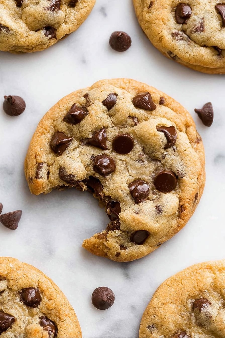 A close-up view of several chocolate chip cookies resting on a white marbled surface. The main cookie in the center is slightly broken, showing its soft inner texture filled with dark brown, shiny chocolate chips. Around this cookie, there are a few whole cookies with a light golden brown outer layer, dotted with more chocolate chips. Scattered around the cookies are loose chocolate chips, adding detail to the scene. The cookies have a slightly rough texture with some cracks visible on their surface, and the light highlights their slightly crisp edges and softer centers. photo taken with an iphone --ar 2:3 --v 7 - Bakery Style Chocolate Chip Cookies, homemade chocolate chip cookies, chewy thick chocolate chip cookies, soft cookie recipes, bakery-style cookies recipe