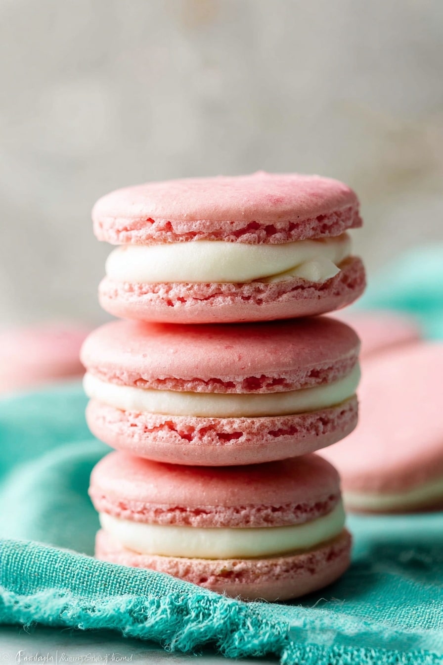 The image shows a stack of three pink macarons with two layers of smooth white cream filling in between each pink shell. The pink shells have a delicate, slightly textured surface with small, crisp edges. The macarons are placed on a soft turquoise cloth, and a blurred white marbled surface is seen in the background with another macaron partially visible. The lighting is soft, highlighting the macarons' smooth and airy texture. Photo taken with an iphone --ar 2:3 --v 7 - French Macarons, how to make French Macarons, authentic French Macarons recipe, homemade French Macarons, French Macarons tips
