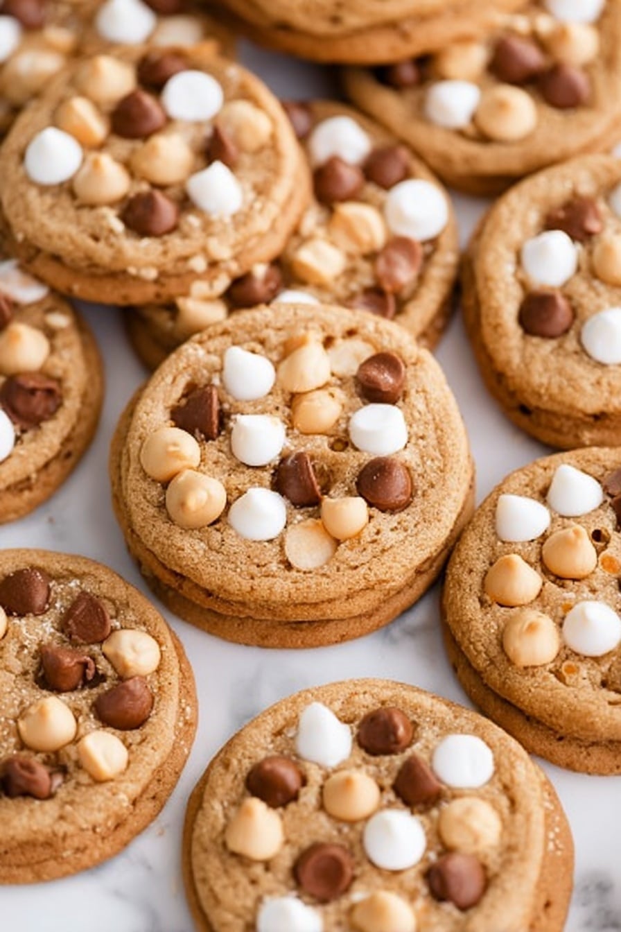 A close-up view of many round cookies laid flat on a white marbled surface, each cookie having a light brown, slightly textured base with visible small air bubbles. Each cookie is topped with a mix of white, dark brown, and light tan chips, scattered unevenly on the top surface. The chips create small layers on the cookies, giving them a rich, colorful pattern against the soft brown cookie. The cookies are stacked a little in some places, showing thickness and softness. photo taken with an iphone --ar 2:3 --v 7 - Butterscotch Pudding Cookies with Chocolate Chips and White Chocolate Chips, best butterscotch pudding cookies, soft chocolate chip cookies, easy cookie recipes, homemade dessert ideas
