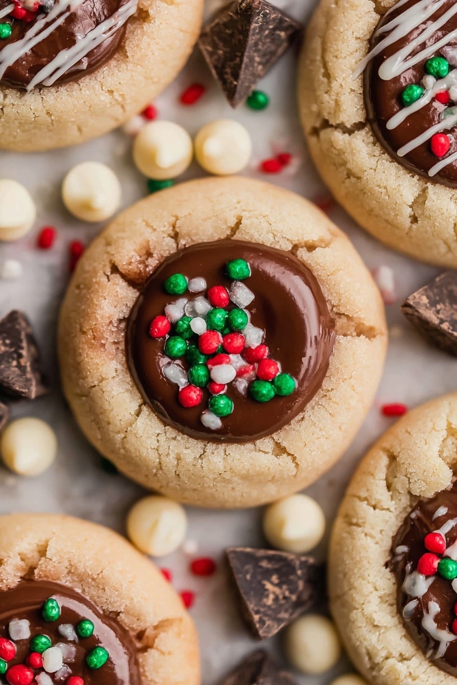 A close-up of soft, round cookies with a light beige base and a smooth, glossy chocolate center on top, each cookie decorated with small, round red, green, and white sprinkles. Some cookies show a white thin drizzle over the chocolate. Small white chocolate chips and dark chocolate chunks are scattered around the cookies on a white marbled surface. The cookies have a slightly cracked texture on the edges and appear soft and fresh. Photo taken with an iphone --ar 2:3 --v 7 - Nutella Thumbprint Cookies, easy Nutella cookie recipe, chocolate filled cookies, buttery Nutella cookies, homemade Nutella thumbprint treats