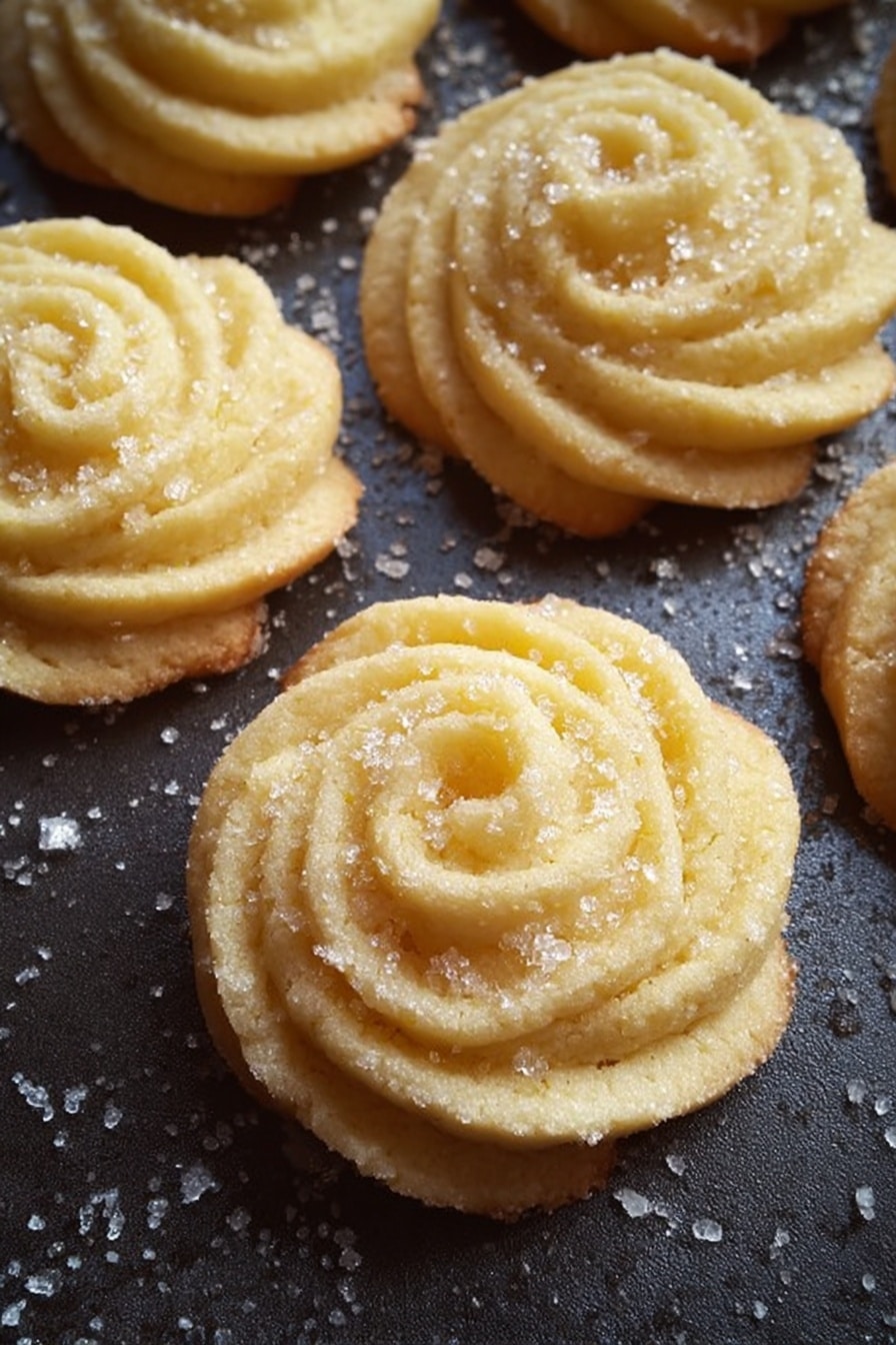 The image shows several round butter cookies with a soft yellow color and a slightly golden edge, each shaped in a spiral pattern with ridges creating a rosette design. The cookies have a grainy white sugar sprinkle on top, adding texture. They are placed on a dark baking tray that contrasts with their light color. The background has a fine scattering of coarse sugar crystals. Photo taken with an iphone --ar 2:3 --v 7 - Danish Butter Cookies, easy Danish cookies, classic Danish cookie recipe, buttery cookie recipes, simple butter cookies