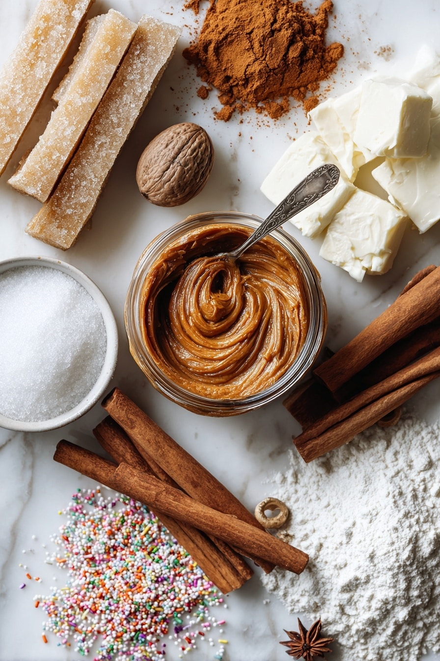 Flat lay of creamy pumpkin butter swirled in a small glass jar, rich brown sugar crystals piled high, warm cinnamon sticks, whole nutmeg pods, smooth cream cheese block, soft golden sticks of salted butter, a heap of fine powdered sugar dusted lightly nearby, and colorful fall-themed sprinkles scattered artfully, placed on a white marble surface, photo taken with an iphone --ar 2:3 --v 7 - Frosted Soft Pumpkin Sugar Cookies, pumpkin sugar cookie recipe, soft pumpkin cookies with cream cheese frosting, fall holiday pumpkin cookies, easy pumpkin cookie recipe