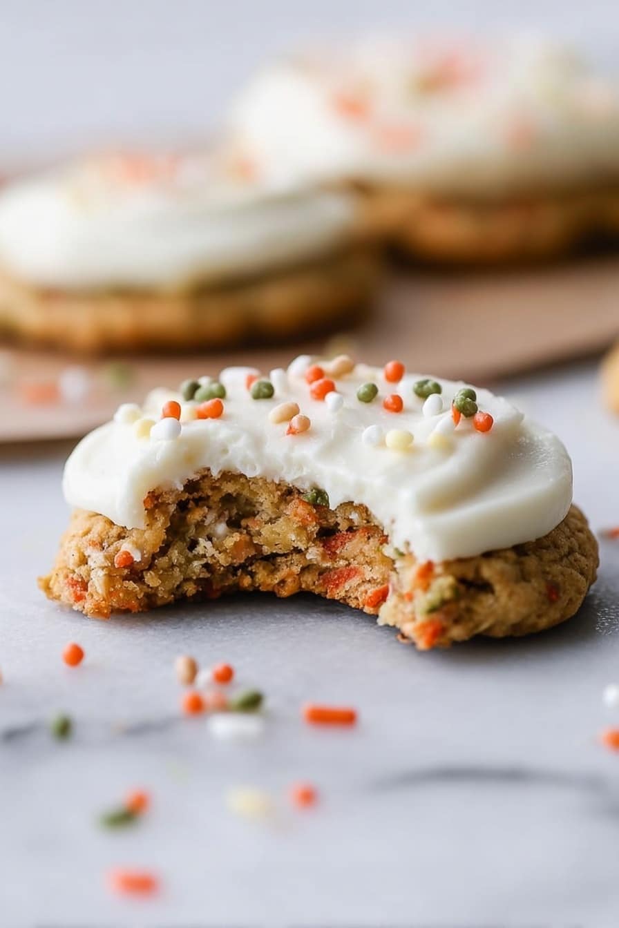 The image shows a close-up of a single layered cookie with a thick layer of white creamy frosting on top. The cookie is light brown with visible bits of nuts or oats and small orange and green pieces, giving it a textured look. The frosting is smooth and spread generously, with small colorful round sprinkles scattered on it and around the cookie on a white marbled surface. The cookie has a bite taken out of one side, showing a soft inside. Other similar cookies blurred in the background can also be seen. Photo taken with an iphone --ar 2:3 --v 7 - Carrot Cake Cookies with Cream Cheese Frosting, carrot cake cookie recipe, easy carrot cake cookies, moist carrot cake cookies, homemade carrot cake cookies