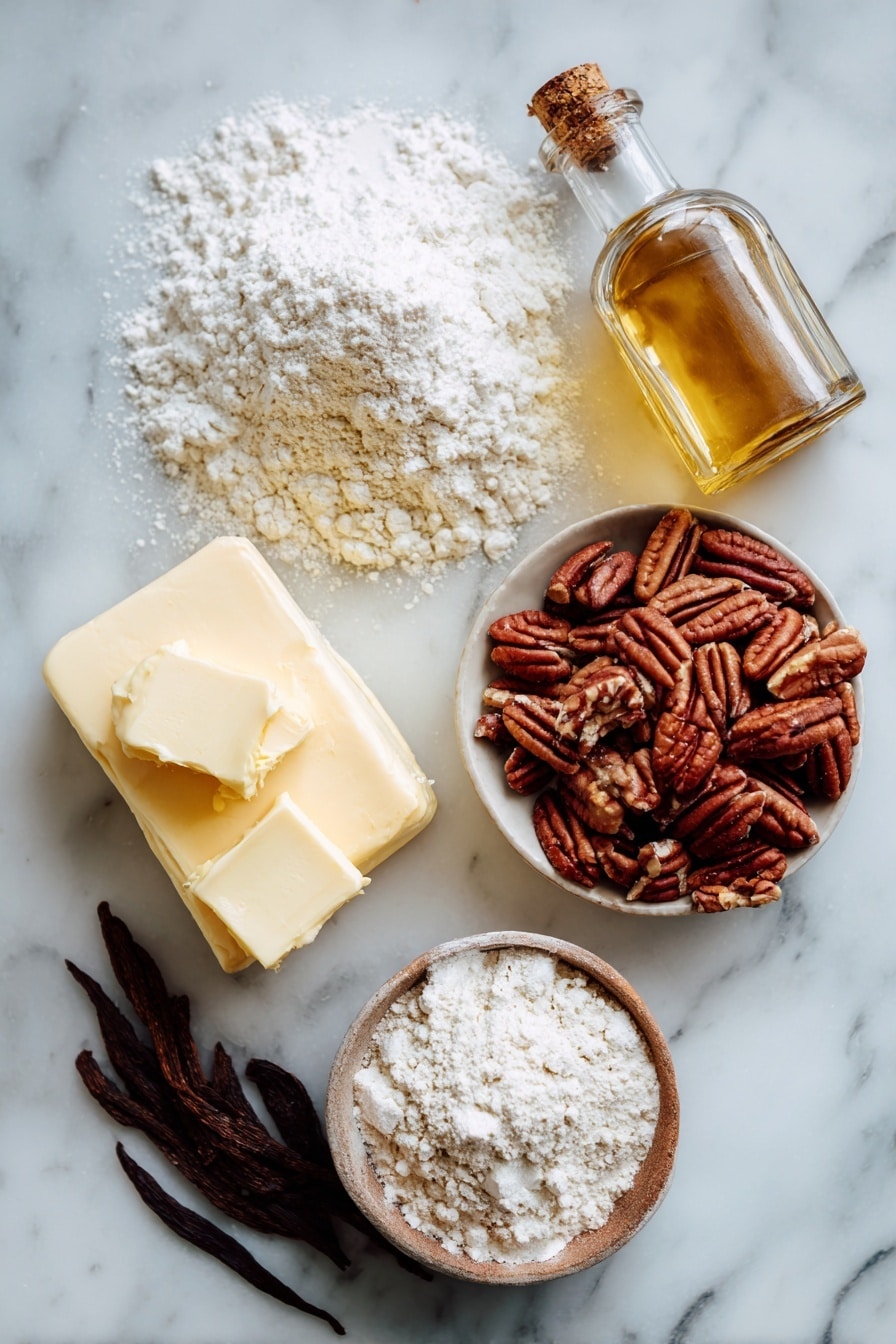 Flat lay of soft unsalted butter, a pile of fine powdered sugar, golden all-purpose flour, chopped pecans with rich brown shades, and a small glass bottle of vanilla extract, all beautifully arranged in a balanced composition, placed on a white marble surface, photo taken with an iphone --ar 2:3 --v 7 - Mexican Wedding Cookies, Polvorones, traditional Mexican cookies, buttery holiday cookies, crumble pecan cookies