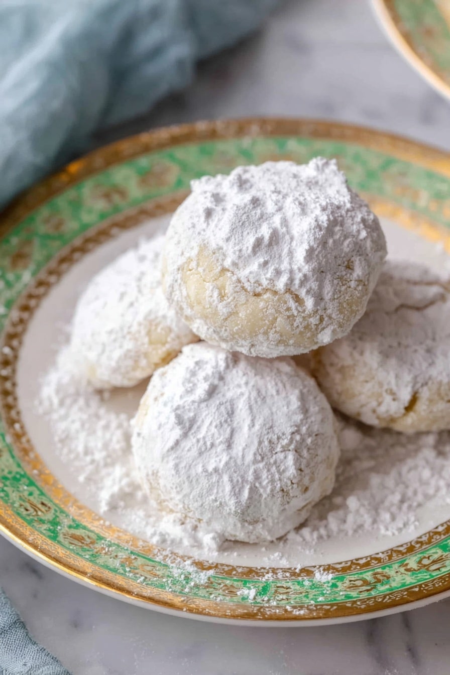 The image shows four round cookies stacked on a white plate with green and gold patterned edges; each cookie is covered in a thick layer of white powdered sugar, giving them a snowy, soft texture. The cookies sit closely together, some powder sugar spilling onto the plate. The plate is on a white marbled surface, and a soft blue fabric is partially visible on the left side. The lighting highlights the powdered sugar’s powdery texture and the gentle cracks on some cookies' sides. Photo taken with an iphone --ar 2:3 --v 7 - Mexican Wedding Cookies, Polvorones, traditional Mexican cookies, buttery holiday cookies, crumble pecan cookies