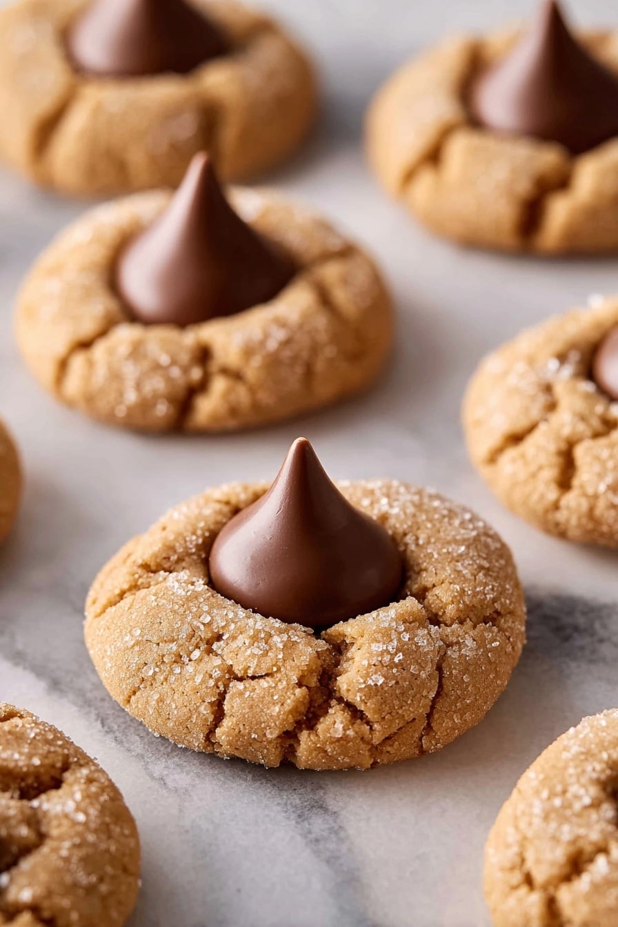 The image shows several peanut butter cookies with a cracked, light brown surface arranged on a white marbled surface. Each cookie has a single, smooth, dark brown chocolate kiss placed in the center, standing upright with a pointed tip. The cookies are round, slightly thick, and have a rough, crumbly texture with visible granules of sugar on top. The background is softly blurred, focusing on the front cookie and the cookies behind it spread out evenly. Photo taken with an iphone --ar 2:3 --v 7 - Peanut Butter Blossoms, peanut butter cookies with chocolate, classic cookie recipes, easy holiday cookies, chocolate kiss cookies