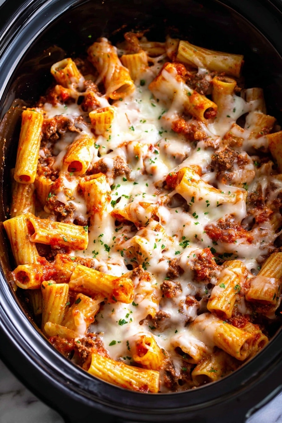 A close-up view of a black slow cooker filled with short tube pasta mixed with a reddish-orange tomato sauce and small pieces of browned meat. The pasta is covered with melted white cheese that stretches slightly over the top, sprinkled with small green herb bits. The textures include the smooth melted cheese, the firm pasta tubes, and the rough meat pieces, all sitting inside the slow cooker with some sauce peeking through. The background is a white marbled texture. photo taken with an iphone --ar 2:3 --v 7 - Slow Cooker Baked Ziti, baked ziti with sausage, easy slow cooker pasta, comfort food recipes, Italian casserole