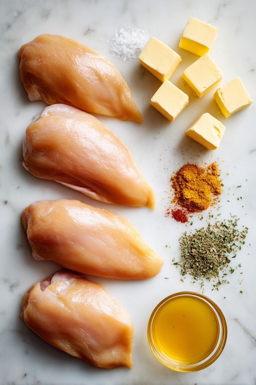 Flat lay of four raw boneless, skinless chicken breasts arranged neatly with small piles of dried parsley, paprika, garlic powder, and onion powder scattered artfully nearby, alongside a few cubes of salted butter and a small pool of golden chicken broth, all placed on a white marble surface, photo taken with an iphone --ar 2:3 --v 7 - Slow Cooker Seasoned Chicken Breast, healthy slow cooker chicken, juicy chicken breast recipe, easy slow cooker chicken dishes, make-ahead chicken meals
