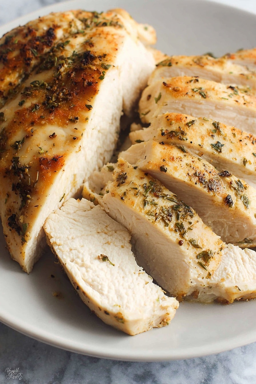 The image shows slices of cooked chicken placed close together on a white plate. The chicken is light golden on the outside with visible black pepper and green herb seasoning scattered across the surface. The chicken is cut into about six slices, showing a moist and tender white inside with a slightly textured surface. The plate rests on a white marbled background. photo taken with an iphone --ar 2:3 --v 7 - Slow Cooker Seasoned Chicken Breast, healthy slow cooker chicken, juicy chicken breast recipe, easy slow cooker chicken dishes, make-ahead chicken meals
