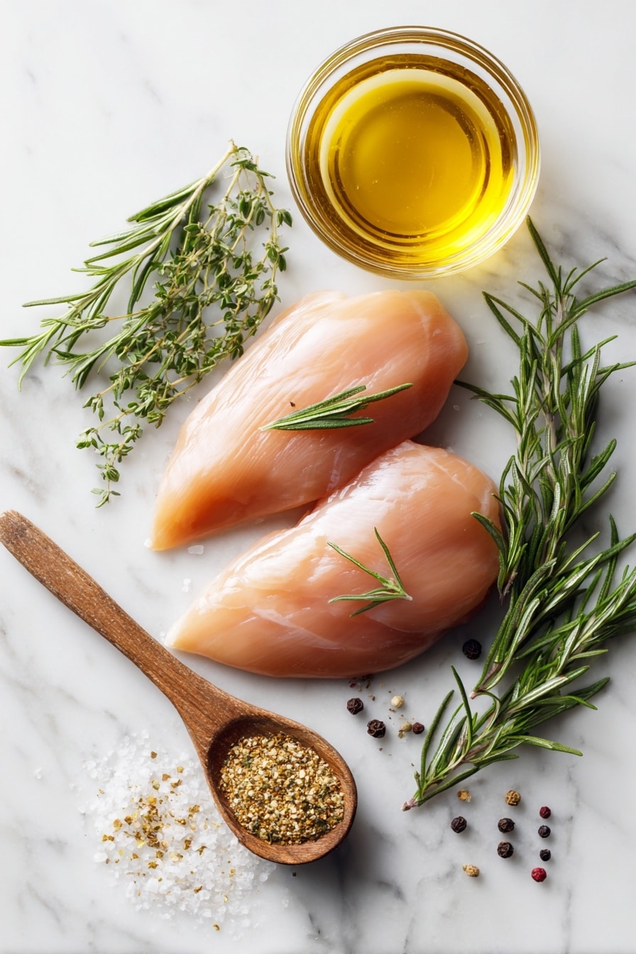 Flat lay of raw boneless skinless chicken breasts, a small glass bowl with low sodium chicken broth, sprigs of fresh Italian herbs like rosemary and oregano, a wooden spoonful of coarse seasoning salt, a small heap of Italian seasoning blend, and a few cracked black peppercorns scattered artfully, placed on a white marble surface, photo taken with an iphone --ar 2:3 --v 7 - Juicy Crockpot Shredded Chicken, easy slow cooker chicken, tender shredded chicken recipe, effortless chicken dinner, healthy crockpot chicken