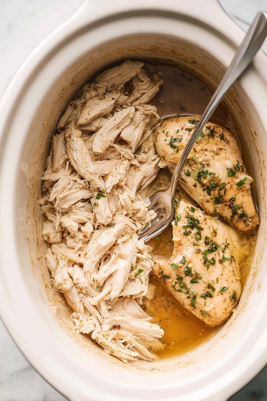 This image shows a white slow cooker filled with two main layers: on the right side, there are two whole cooked chicken pieces with a light golden color, sprinkled with green herbs and a shiny glaze of broth on top; on the left side, shredded chicken pieces in pale beige color soaking in a light brown broth, creating a moist texture; a silver fork is placed inside the slow cooker touching both shredded and whole chicken; the inside of the slow cooker has some broth stains along the edges; the background is a white marbled texture photo taken with an iphone --ar 2:3 --v 7 - Juicy Crockpot Shredded Chicken, easy slow cooker chicken, tender shredded chicken recipe, effortless chicken dinner, healthy crockpot chicken