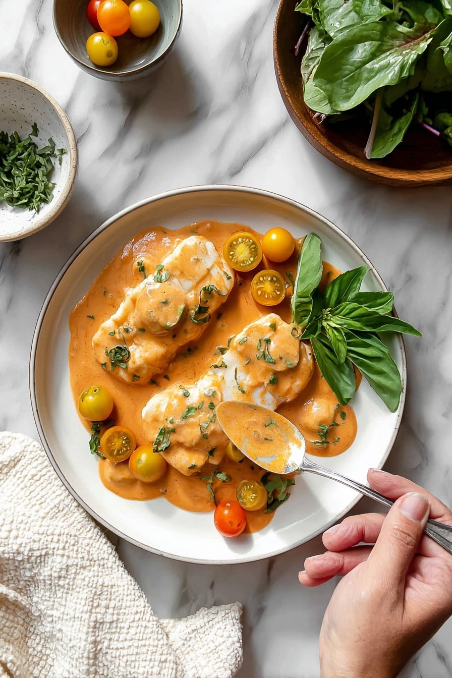 A white oval dish holds a creamy orange sauce with three pieces of smooth white chicken submerged in it. The sauce is thick and has small bits of green herbs sprinkled on top. Around the dish, on a white marbled surface, there are two small white bowls, one filled with green leaves and the other with fresh cilantro. A white cloth with black stripes is under the dish, and a plain brown plate is placed nearby. The overall setting looks clean and fresh. photo taken with an iphone --ar 2:3 --v 7 - Slow Cooker Creamy Tomato Basil Chicken, easy chicken dinner, healthy tomato basil chicken, comforting slow cooker chicken, creamy tomato chicken recipes