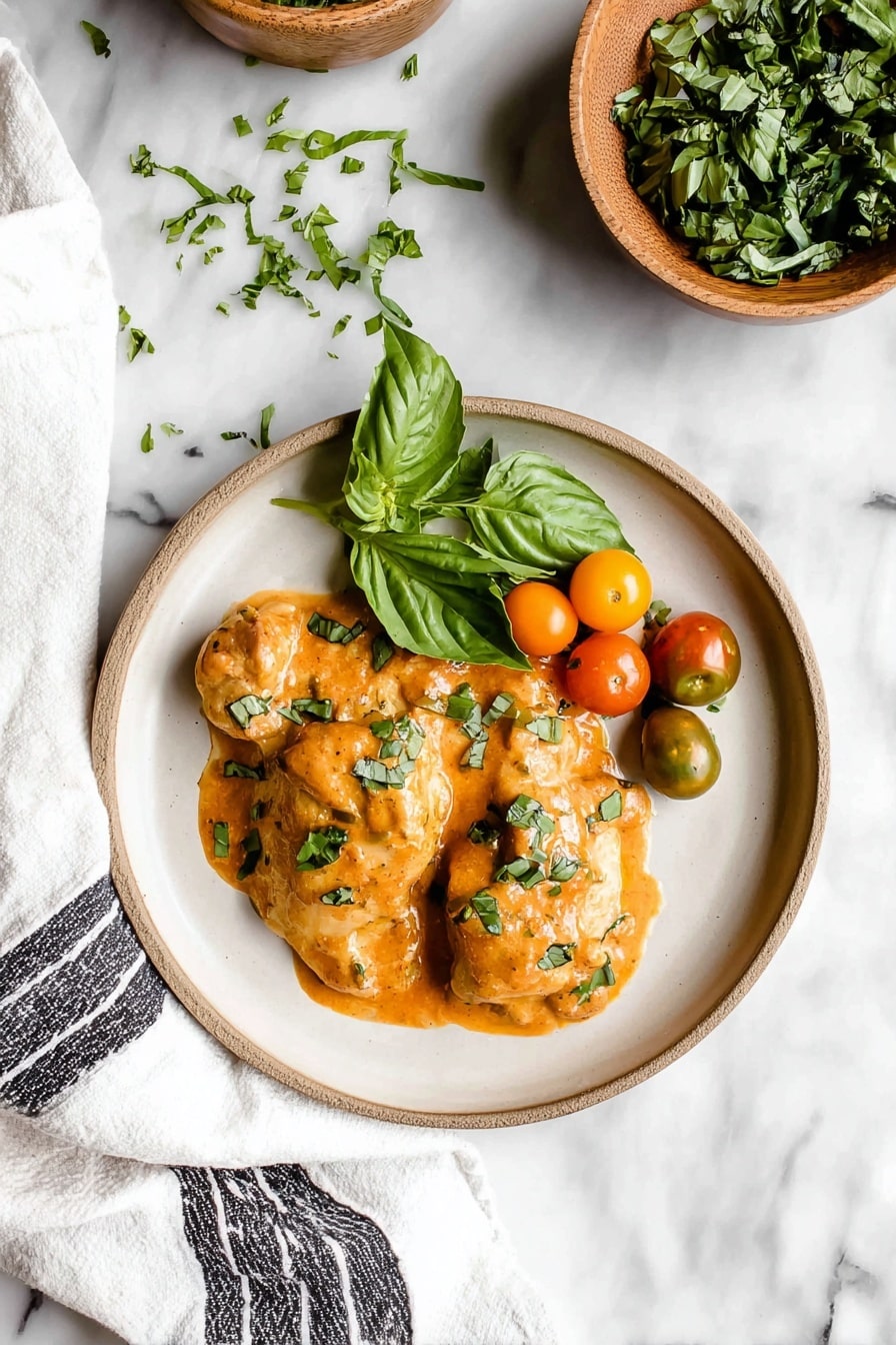 A white round plate holds two light brown chicken pieces covered in a smooth orange sauce sprinkled with green herbs. To the right of the chicken are a few small green and orange cherry tomatoes and a small bunch of fresh basil leaves. The plate is placed on a white marbled surface with a few chopped green herbs scattered above it. A white cloth with black stripes is partly visible on the bottom left corner. Two bowls filled with green leafy herbs sit at the top right corner of the image. Photo taken with an iphone --ar 2:3 --v 7 - Slow Cooker Creamy Tomato Basil Chicken, easy chicken dinner, healthy tomato basil chicken, comforting slow cooker chicken, creamy tomato chicken recipes