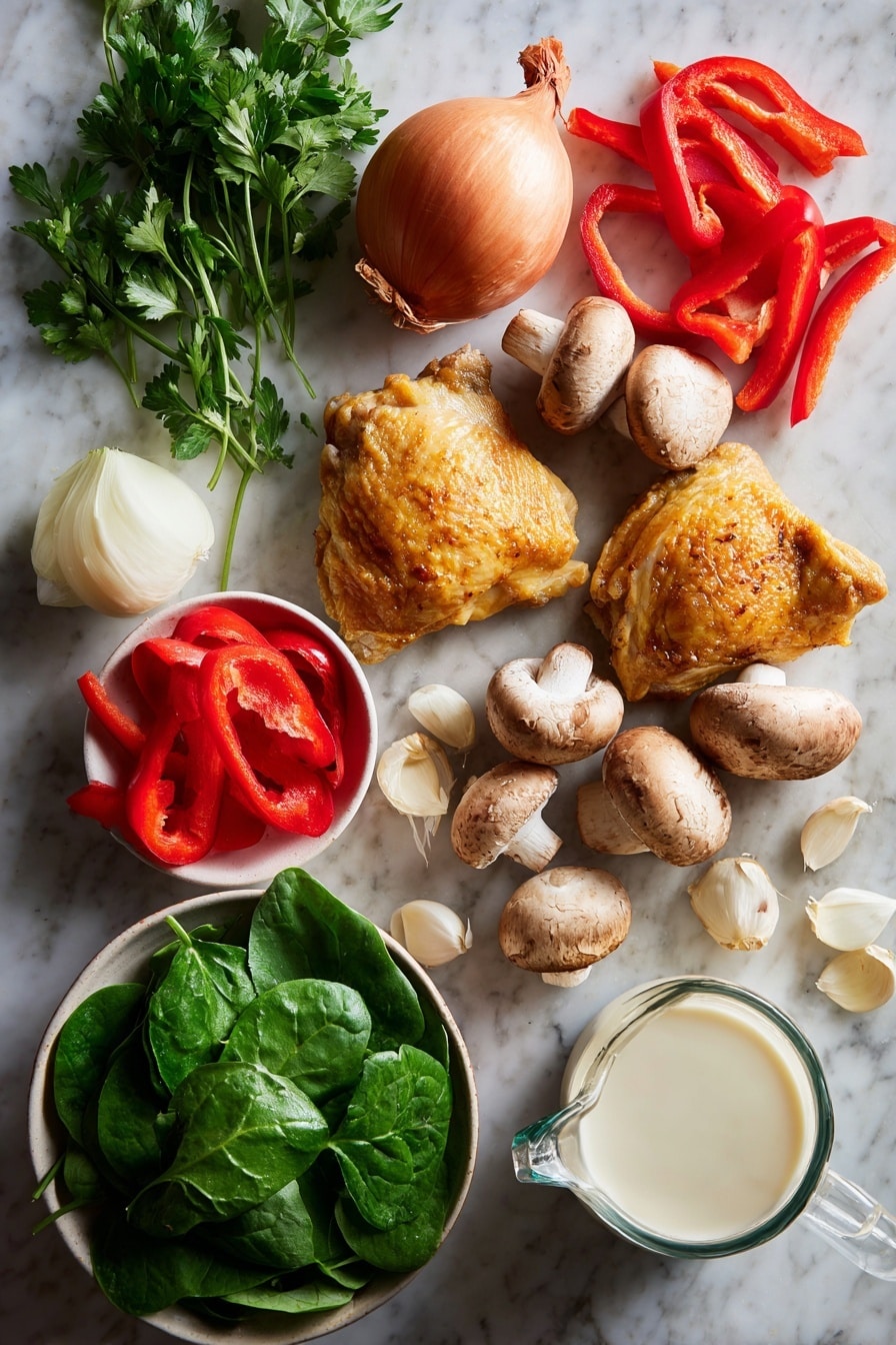 Flat lay of golden-brown chicken thighs with skin on, fresh whole and sliced mushrooms, vibrant red bell pepper strips, bright green fresh spinach leaves, a large chopped onion, minced garlic cloves, fresh parsley sprigs, and a small glass jug of creamy heavy cream, placed on a white marble surface, photo taken with an iphone --ar 2:3 --v 7 - Slow Cooker Creamy Chicken and Mushrooms, chicken and mushroom dinner, easy slow cooker chicken recipe, comforting chicken thigh meal, flavorful creamy chicken dish