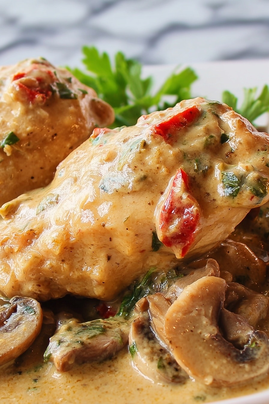 The image shows a close-up of two pieces of cooked chicken covered in a thick, creamy beige sauce with visible small chunks of red peppers and herbs. The chicken pieces rest on a bed of sliced brown mushrooms and some leafy green parsley. The sauce looks smooth with a slightly shiny texture, and there are hints of seasoning visible in the sauce. The background is a white marbled texture with a soft focus on the food, making the chicken and sauce the main focus. Photo taken with an iphone --ar 2:3 --v 7 - Slow Cooker Creamy Chicken and Mushrooms, chicken and mushroom dinner, easy slow cooker chicken recipe, comforting chicken thigh meal, flavorful creamy chicken dish