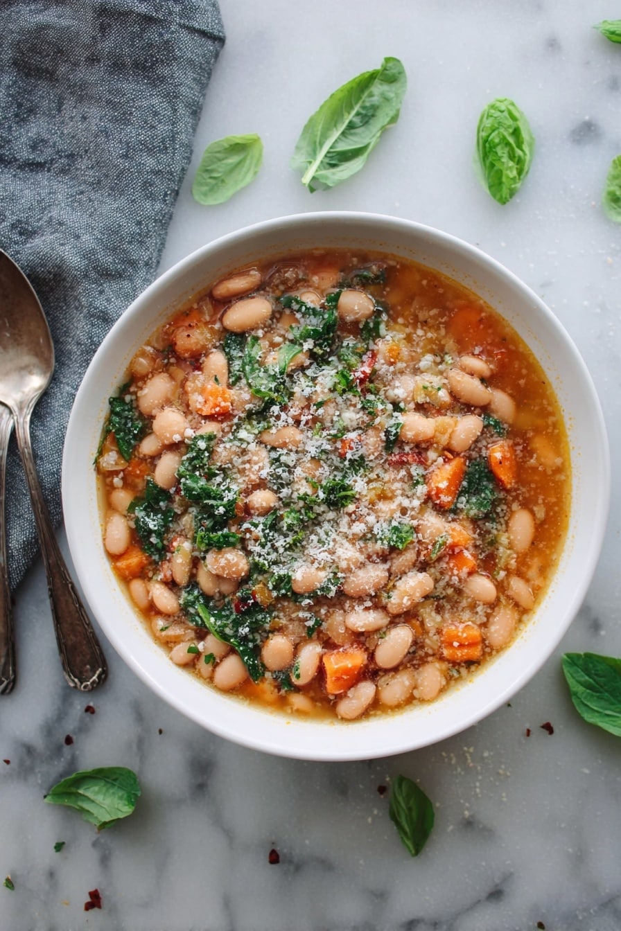 A white bowl filled with a bean soup that has three main layers: at the bottom, a light orange broth; in the middle, many soft, light brown beans mixed with small pieces of bright orange carrots; on top, fresh green leafy bits scattered throughout, along with a sprinkling of finely grated pale cheese. The bowl sits on a white marbled surface with scattered small green leaves nearby and a gray cloth with two spoons resting on it to the left side. photo taken with an iphone --ar 2:3 --v 7 - Cranberry Bean Soup, hearty bean soup recipe, comforting soup with cranberries, easy vegetarian soup, nourishing cranberry bean dish