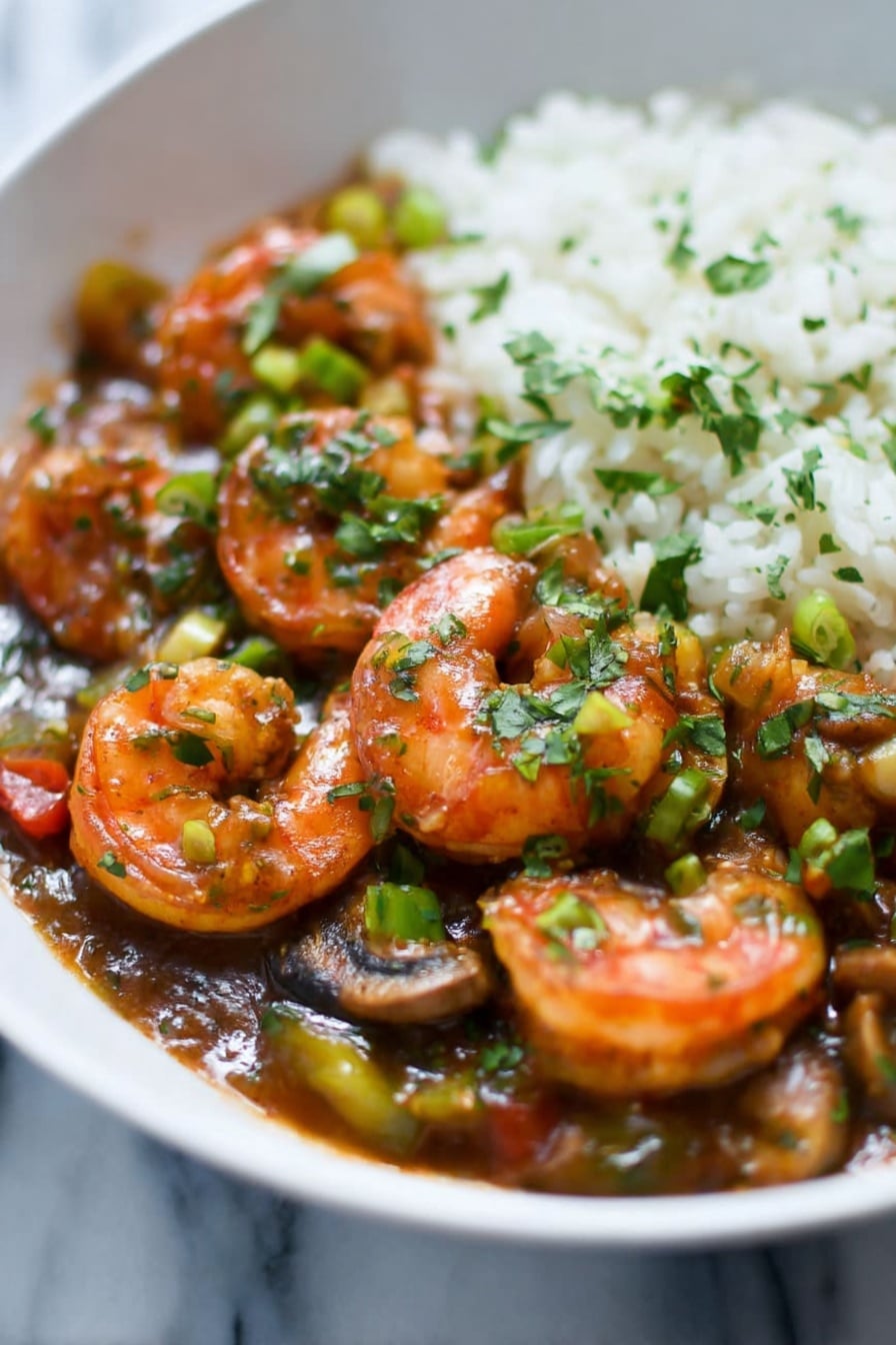 This image shows a close-up of a dish with several curled orange shrimp covered in a glossy, brown sauce mixed with small pieces of green herbs and vegetables, including green onions and cilantro, scattered on top. Around the shrimp, visible slices of mushrooms and bits of red and yellow bell peppers are mixed in the sauce. Behind the shrimp and sauce, there is a layer of white rice, softly blurred but clearly separate from the sauce. All of this is placed in a white bowl set on a white marbled surface. The photo is taken with an iphone --ar 2:3 --v 7 - New Orleans Gumbo with Shrimp and Sausage, Creole gumbo recipe, hearty Cajun stew, spicy seafood gumbo, authentic gumbo with roux