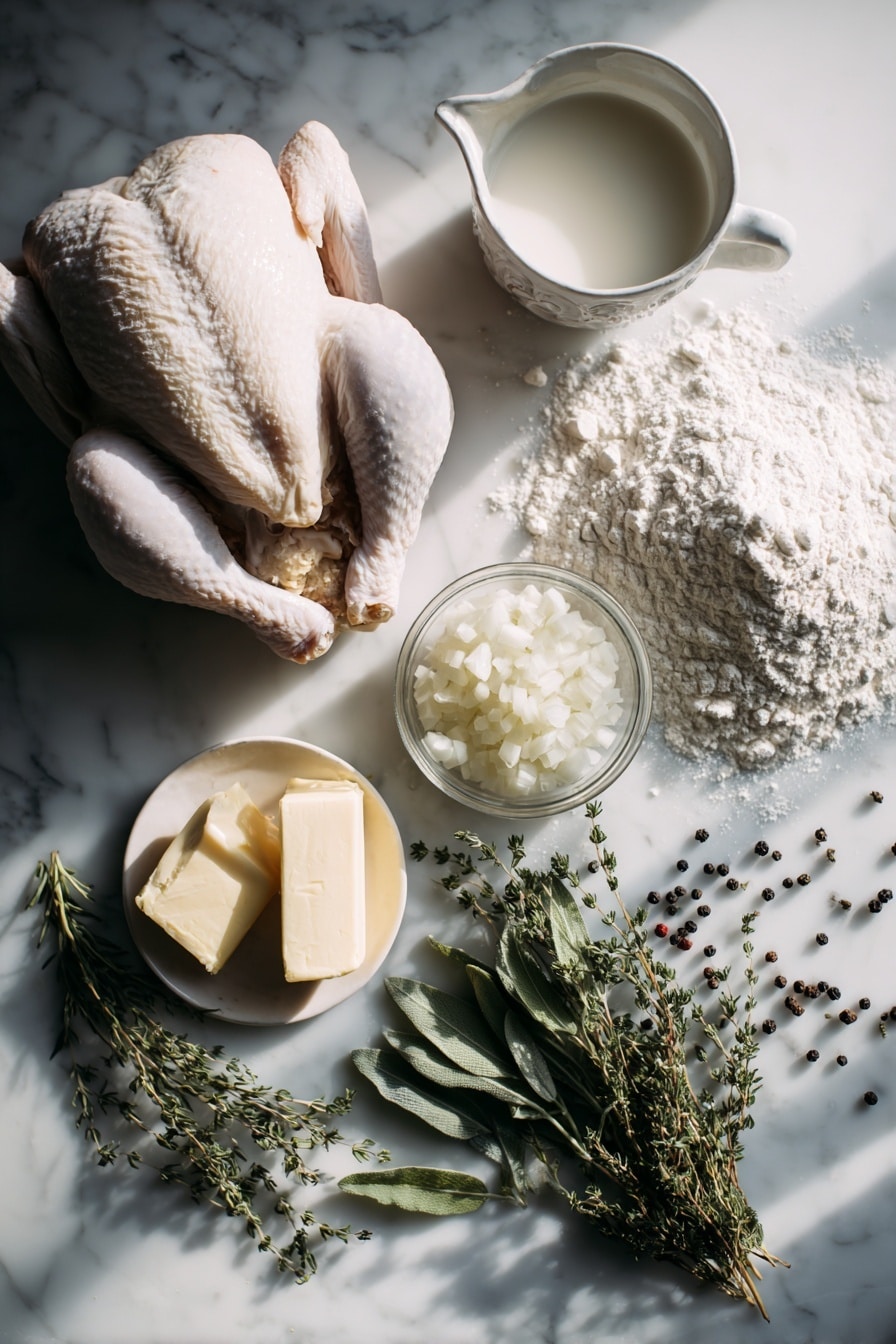 Flat lay of a whole raw chicken, diced white onion, a mound of all-purpose flour, a small pile of baking powder, a pat of unsalted butter, a measuring cup filled with warm whole milk, sprigs of fresh thyme and sage, and scattered whole black peppercorns, all beautifully arranged with soft natural light and delicate shadows, placed on a white marble surface, photo taken with an iphone --ar 2:3 --v 7 - Homemade Chicken and Dumplings, easy chicken and dumplings, 6-ingredient chicken and dumplings, comforting chicken and dumplings recipe, simple chicken and dumplings