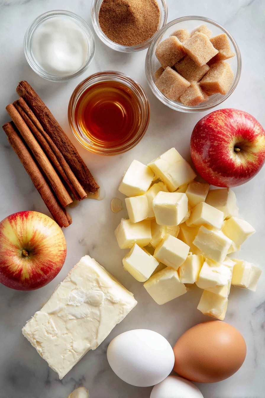 Flat lay of golden brown cinnamon sticks, light and dark brown sugar crystals, fresh chopped Honeycrisp apple pieces with red and yellow skin, smooth cubes of salted butter, creamy off-white cream cheese block, a small transparent jar of rich amber maple syrup, and whole fresh eggs, all beautifully arranged on a white marble surface, photo taken with an iphone --ar 2:3 --v 7 - Apple Cinnamon Rolls with Brown Butter Maple Icing, cinnamon rolls with apple filling, fall breakfast ideas, easy cinnamon roll recipe, apple dessert recipes