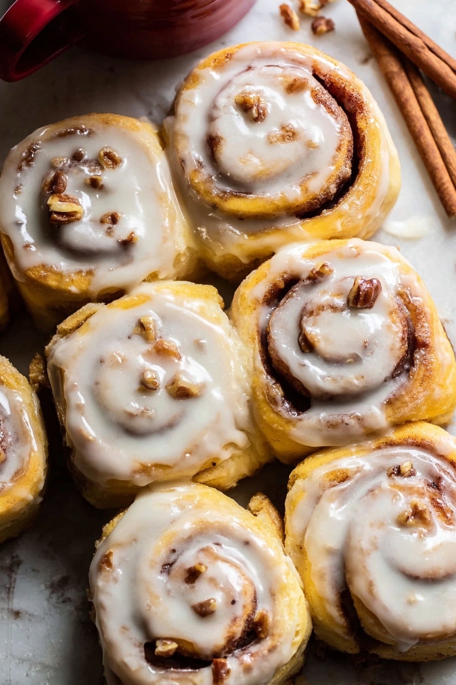 A close-up view of six cinnamon rolls arranged closely together on a white marbled surface. Each roll shows a soft golden-yellow dough spiraled with a dark cinnamon and sugar filling, with small pieces of nuts embedded within. A creamy white icing with a smooth texture generously covers the top of each cinnamon roll, slightly dripping down the sides. In the upper background, a few cinnamon sticks lay on the white marbled surface near the top right corner, next to a red ceramic cup partially visible. The warm tones of the rolls contrast nicely with the white icing and the white marbled surface, giving a fresh and inviting look. photo taken with an iphone --ar 2:3 --v 7 - Apple Cinnamon Rolls with Brown Butter Maple Icing, cinnamon rolls with apple filling, fall breakfast ideas, easy cinnamon roll recipe, apple dessert recipes