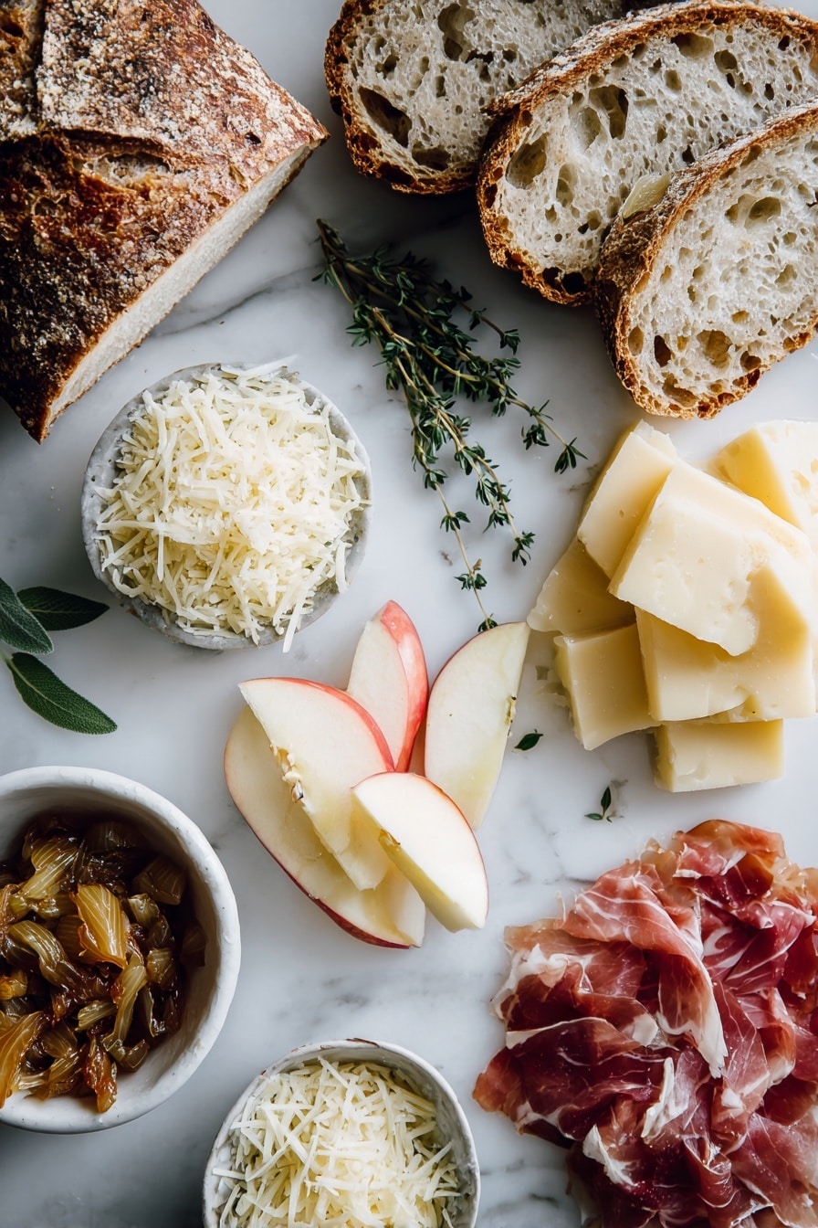 Flat lay of thinly sliced yellow onions caramelized to a golden brown, fresh thyme leaves scattered delicately, vibrant chopped sage, crisp slices of prosciutto with a slight sheen, thin apple slices from a bright honeycrisp apple, shredded fontina cheese with soft curls, shredded gouda cheese in small piles, and a few crushed red pepper flakes sprinkled lightly, all beautifully arranged on a white marble surface, photo taken with an iphone --ar 2:3 --v 7 - French Onion and Apple Grilled Cheese, caramelized onion grilled cheese, apple grilled cheese sandwich, savory sweet grilled cheese, autumn grilled cheese recipe