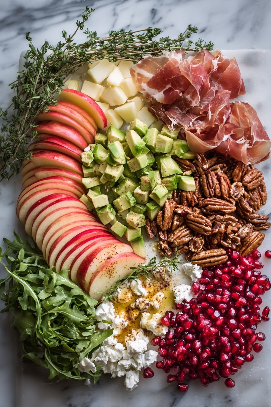 Flat lay of thinly sliced honeycrisp apples with their red and yellow hues, bright green diced avocado cubes, deep red pomegranate arils scattered like jewels, crumbled white feta cheese, toasted pecans and pumpkin seeds dusted with cinnamon, delicate crispy prosciutto slices, fresh green arugula leaves, vibrant thyme sprigs, and a small drizzle of golden maple syrup, all beautifully arranged with natural light and soft shadows, placed on a white marble surface, photo taken with an iphone --ar 2:3 --v 7 - Autumn Harvest Honeycrisp Apple and Feta Salad, fall apple salad with feta and nuts, Easy autumn fruit salads, seasonal apple and cheese salad, healthy fall salad recipes