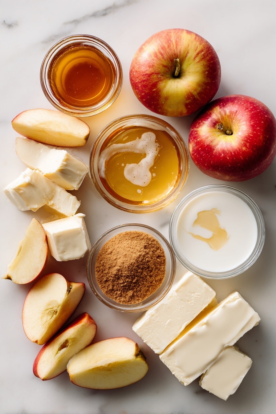 Flat lay of chopped Honeycrisp apples with their red and yellow skin intact, a small jar of smooth apple butter, creamy white cream cheese blocks, golden melted coconut oil pooling gently, a mound of light brown cinnamon sugar mixture, a drizzle of rich honey, a pat of soft salted butter, and a splash of milky white yogurt arranged beautifully and naturally placed on a white marble surface, photo taken with an iphone --ar 2:3 --v 7 - Cinnamon Sugar Swirled Apple Butter Bread, apple cinnamon sweet bread, fall breakfast bread, apple butter loaf, cozy cinnamon swirl bread