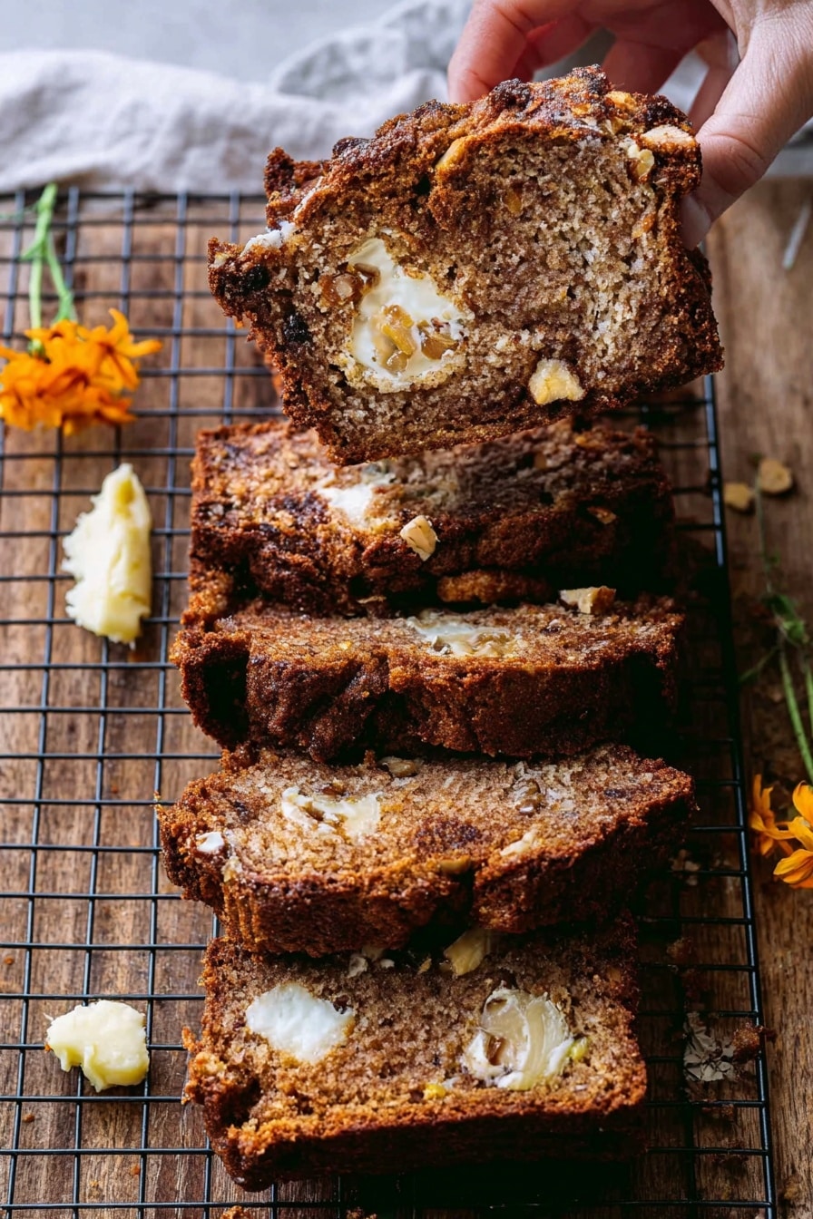 The image shows several thick slices of dark brown bread with a moist texture, placed on a wire cooling rack over a wooden surface. Inside each slice, there are visible light cream-colored layers that look soft and spread unevenly, with chunks of white and light yellow fruits or nuts embedded throughout. One piece is held by a woman's hand, showing its crumbly texture. Small orange flowers and a dollop of light yellow butter are scattered nearby. The background is a white marbled texture. Photo taken with an iphone --ar 2:3 --v 7 - Cinnamon Sugar Swirled Apple Butter Bread, apple cinnamon sweet bread, fall breakfast bread, apple butter loaf, cozy cinnamon swirl bread
