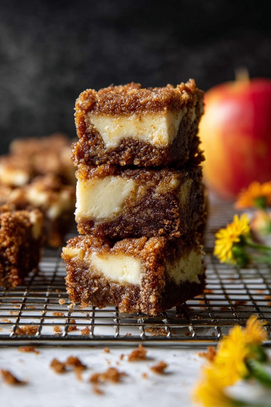 The image shows a stack of three square dessert bars on a metal cooling rack placed over a white marbled surface. Each bar has two visible layers: a thicker, moist, brown crumbly layer on top and a creamy white layer beneath it. The bars look soft and textured, with some crumbs scattered around them. In the background, there is a red and yellow apple and a few small yellow flowers adding color to the scene. The photo has a dark blurred background that highlights the dessert bars. Photo taken with an iphone --ar 2:3 --v 7 - Cinnamon Sugar Swirled Apple Butter Bread, apple cinnamon sweet bread, fall breakfast bread, apple butter loaf, cozy cinnamon swirl bread