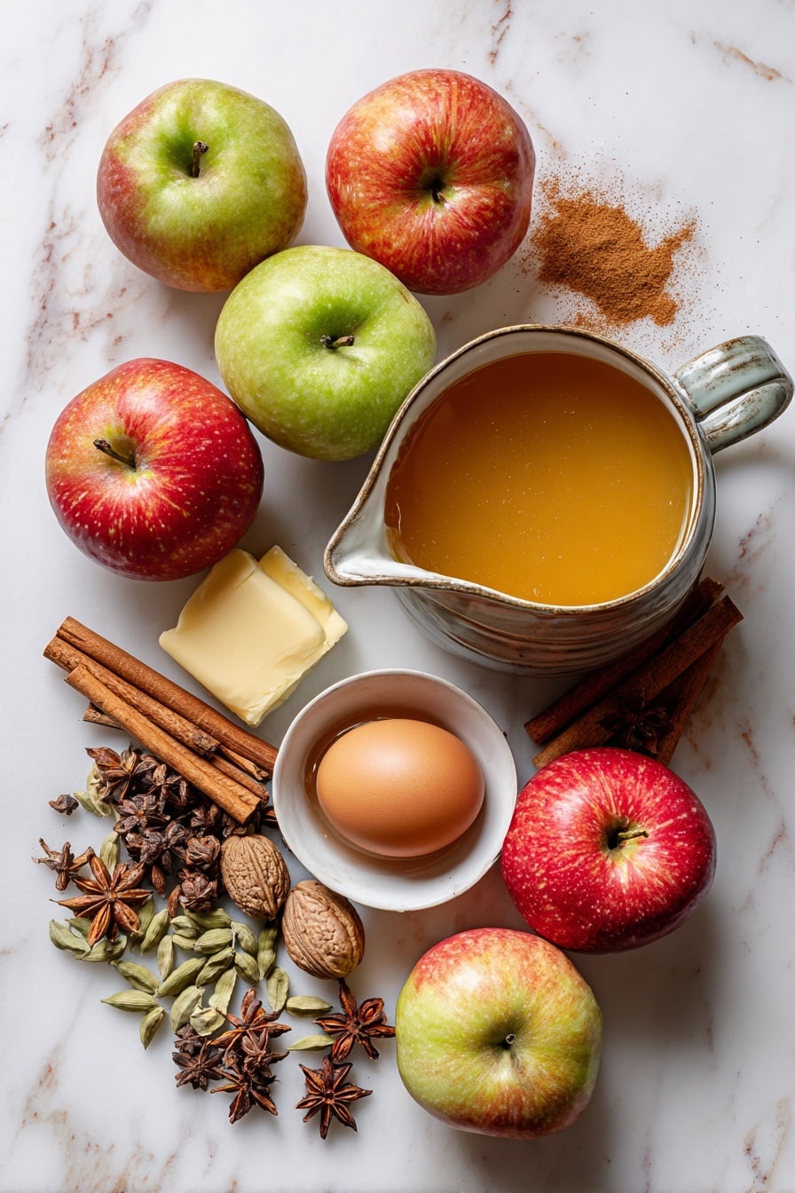 Flat lay of fresh whole apples with shiny red and green skins, a small pitcher of golden maple syrup, a dish of smooth apple butter, a scattering of warm brown cinnamon sticks, star anise pods, fresh grated nutmeg, whole cardamom pods, and a few cracked eggs, all beautifully arranged with a stick of melted butter pooling gently beside them, placed on a white marble surface, photo taken with an iphone --ar 2:3 --v 7 - Baked Cinnamon Sugar Apple Cider Doughnut Holes, fall dessert recipes, cinnamon sugar donut holes, baked doughnut bites, cozy autumn treats