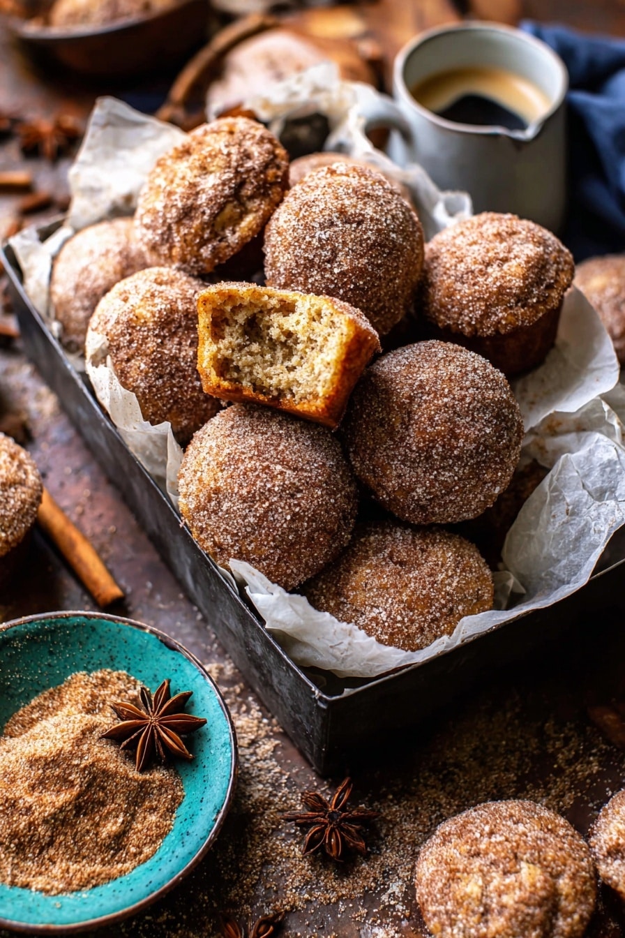 The image shows a pile of small, round muffins covered in a light brown cinnamon sugar coating, stacked inside a dark muffin tray lined with white parchment paper. One muffin is split open, revealing a soft, crumbly inside with a golden brown color. Around the muffin tray, there are more muffins placed on a wooden surface with scattered cinnamon sugar. A blue-green bowl filled with cinnamon sugar and star anise is visible on the side, along with a white cup of coffee topped with a brown star anise. The overall scene has warm, cozy colors and a textured look. photo taken with an iphone --ar 2:3 --v 7 - Baked Cinnamon Sugar Apple Cider Doughnut Holes, fall dessert recipes, cinnamon sugar donut holes, baked doughnut bites, cozy autumn treats