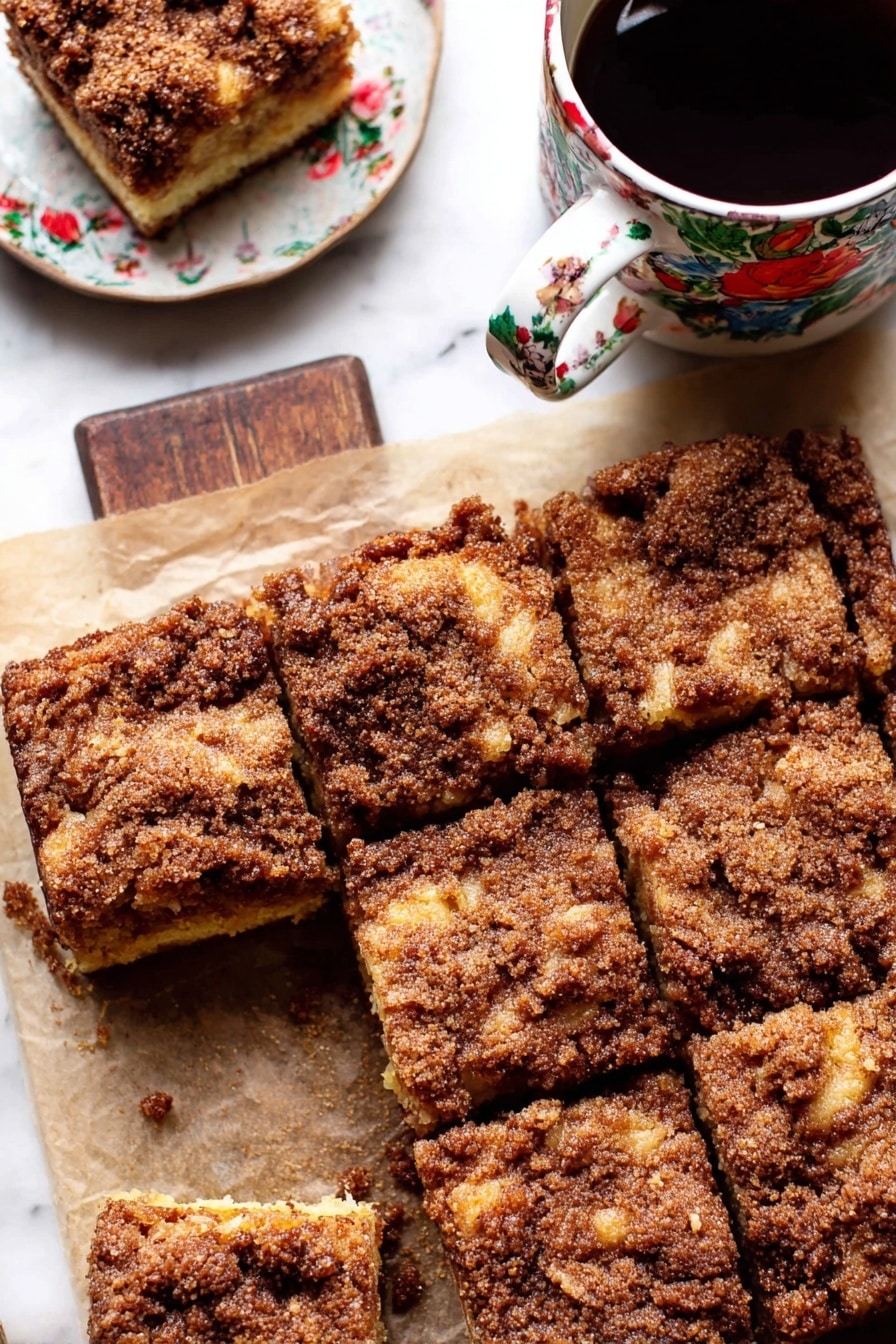 The image shows nine square pieces of a crumbly dessert arranged closely, with one piece partially removed from the lower left corner, revealing a light golden inner layer beneath a thick, rough, brown sugar and cinnamon crumb topping. The dessert sits on parchment paper over a white marbled surface, enhancing the texture contrast. The top crumb layer is dark brown with visible chunks and uneven texture, while the inner layer is moist and pale yellow. Nearby, there is a white dish with more pieces and a white mug with a colorful floral design filled with a dark beverage, placed on the same white marbled surface. Photo taken with an iphone --ar 2:3 --v 7 - Easy Cinnamon Sugar Apple Cake, cinnamon apple cake recipe, fall apple cake, moist apple dessert, cozy autumn cake