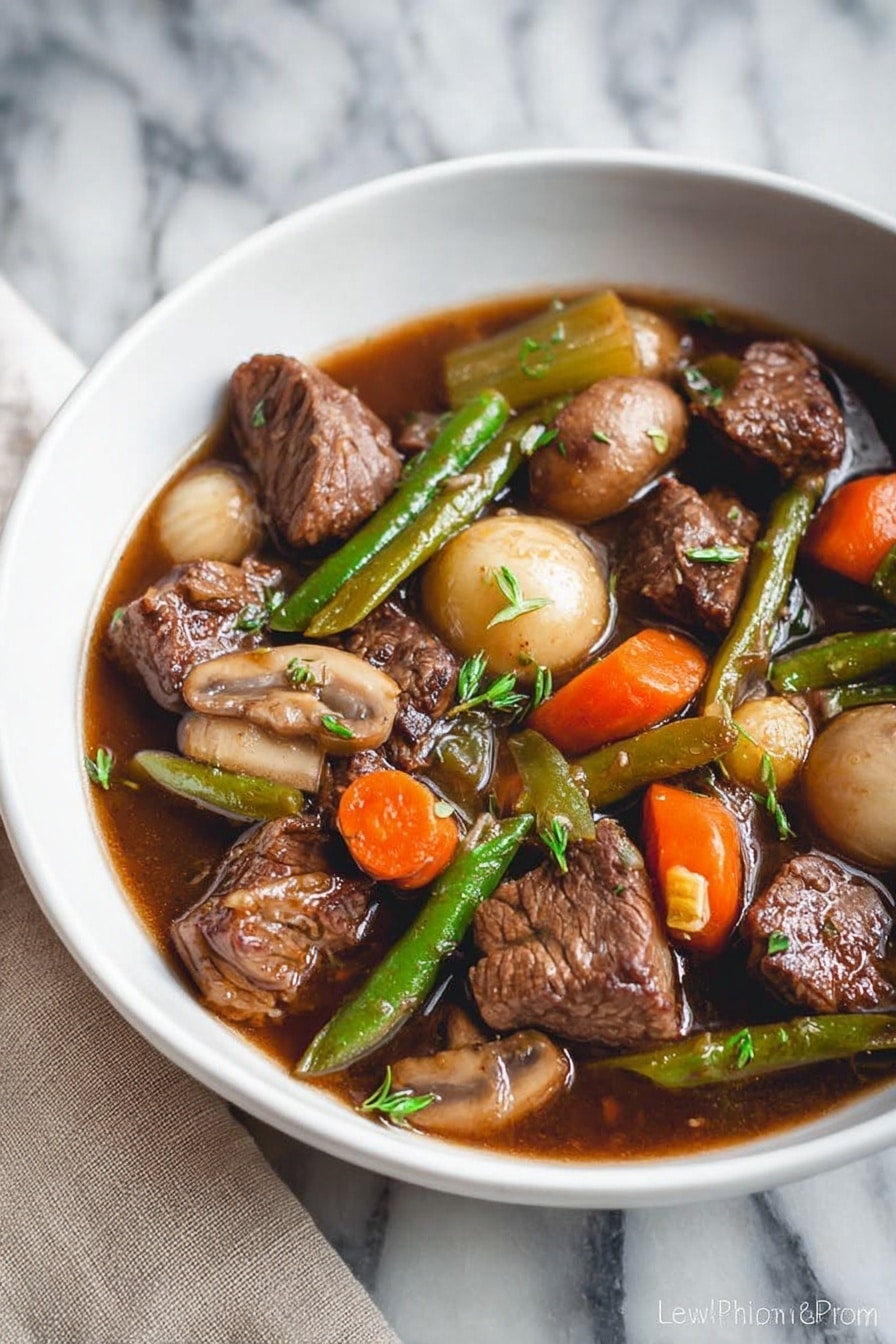 A white bowl filled with a rich beef stew showing several layers: the bottom layer is a dark brown broth with a glossy texture, floating on top are chunks of tender brown beef pieces with a slightly rough surface, whole small light brown pearl onions, orange carrot slices, green celery sticks, sliced beige mushrooms with a soft texture, and green beans. Some small green herb sprigs are sprinkled on top. The bowl sits on a white marbled surface with a beige cloth partially visible on the left side. photo taken with an iphone --ar 2:3 --v 7 - Keto Beef Stew, keto beef stew recipe, low-carb beef stew, hearty keto stew, savory beef stew for keto