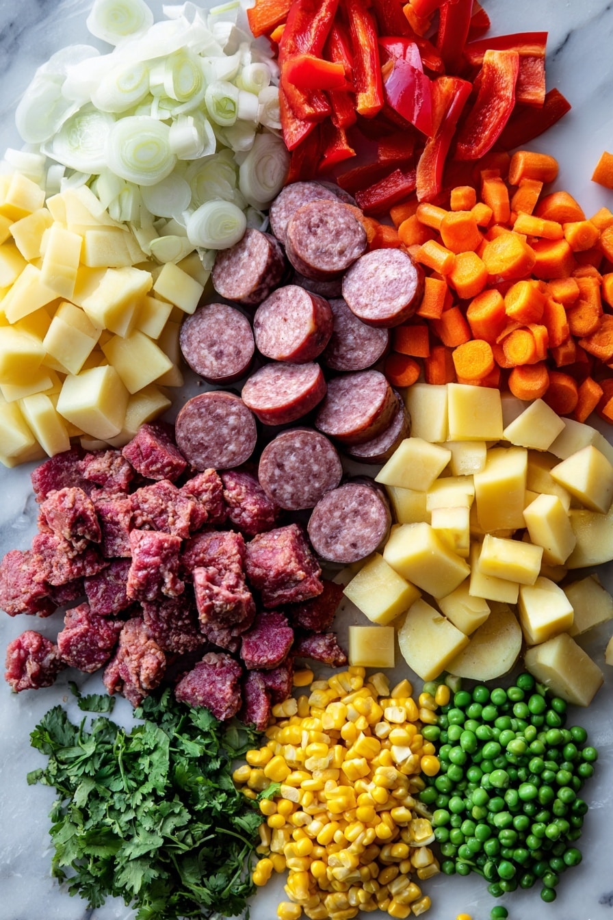 Flat lay of sliced kielbasa, raw ground beef, diced yellow onion, chopped carrots, vibrant red bell pepper pieces, minced garlic cloves, cubed butter potatoes, colorful frozen peas and corn mix, and fresh chopped cilantro, arranged neatly with vivid natural colors and textures, placed on a white marble surface, photo taken with an iphone --ar 2:3 --v 7 - Cowboy Stew, hearty beef stew, kielbasa and vegetable stew, one-pot comfort food, easy family dinner