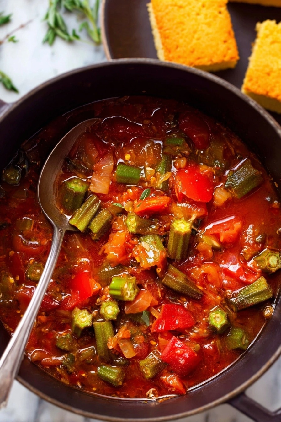 A close-up view of a black pot filled with a vibrant stew featuring bright red tomato chunks, green okra pieces with their unique ridged texture and visible seeds, and small bits of caramelized onion and garlic, all simmering in a rich, reddish broth; a silver spoon rests inside the pot, partially submerged in the stew, while the background shows two square pieces of golden cornbread on a dark plate, all placed on a white marbled surface with hints of green herbs scattered around. photo taken with an iphone --ar 2:3 --v 7 - Stewed Okra and Tomatoes with Bacon and Herbs, Southern okra and tomato skillet, easy okra and tomato side dish, comforting Southern vegetable recipes, healthy bacon and herb stew