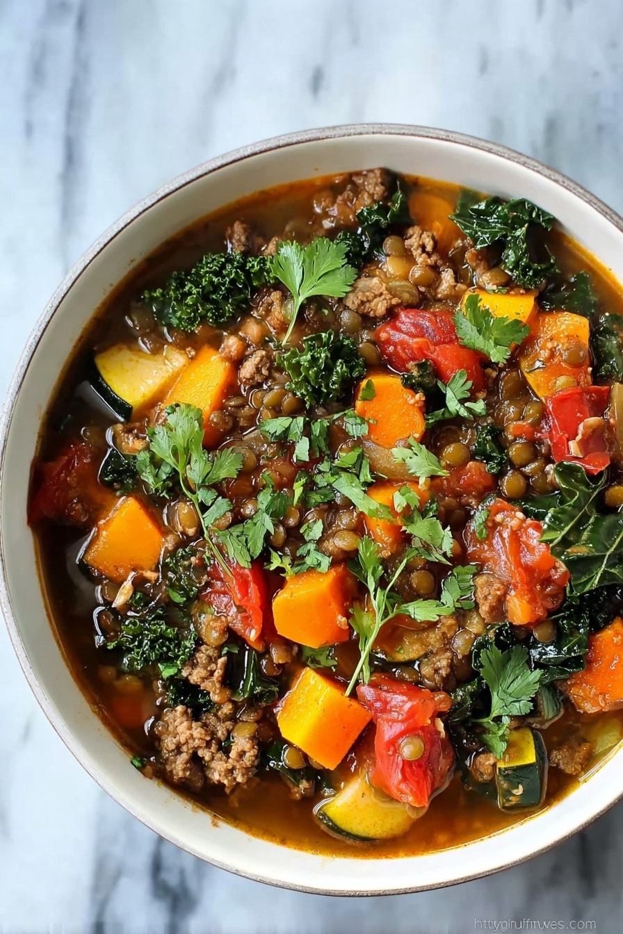 A white bowl filled with a colorful stew consisting of multiple layers: orange carrot chunks, yellow squash pieces, bright red diced tomatoes, dark green leafy kale, and small brown lentils mixed with ground meat. The stew has a thin brown broth that fills the space between the ingredients, and fresh cilantro leaves are scattered on top, adding a fresh green touch. The bowl sits on a white marbled surface. photo taken with an iphone --ar 2:3 --v 7 - Lamb, Lentil, and Squash Stew, hearty lamb stew with lentils and squash, flavorful lamb lentil squash recipe, comforting lamb and vegetable stew, easy lamb stew with butternut squash