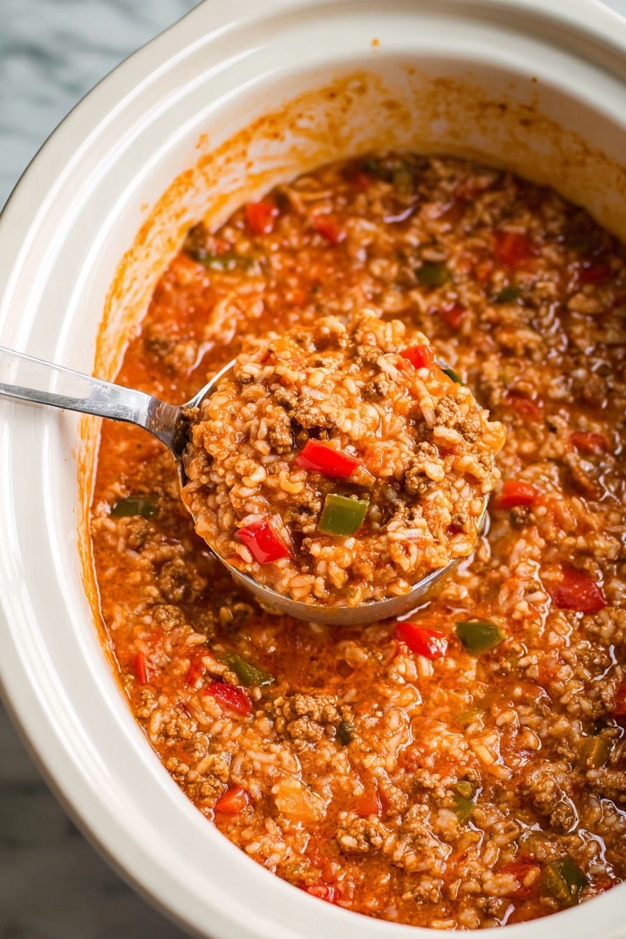 A white bowl filled with thick soup showing three main layers: the top layer has brown, crumbled cooked meat chunks, the middle layer contains soft rice grains mixed in a red tomato-based broth with visible small pieces of green and red bell peppers, and the bottom layer is the same dense, orange-red liquid base. The soup looks hearty and textured, with a spoon partially visible inside the bowl. The background has a white marbled texture, and a modern kitchen appliance is partially seen behind the bowl. photo taken with an iphone --ar 2:3 --v 7 - Slow Cooker Stuffed Pepper Soup, stuffed pepper soup, easy healthy soup recipes, comforting slow cooker recipes, hearty stuffed pepper dish