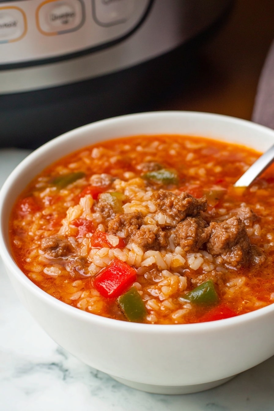 A close-up of a white slow cooker filled with a thick, textured mix of cooked rice, ground meat, and diced red and green bell peppers in a rich, orange-red sauce. The inside rim of the slow cooker shows some sauce splashes, and a metal ladle is partially submerged, lifting a scoop of the dish that highlights the soft grains of rice and the chunky bits of meat and vegetables. The slow cooker sits on a white marbled surface. photo taken with an iphone --ar 2:3 --v 7 - Slow Cooker Stuffed Pepper Soup, stuffed pepper soup, easy healthy soup recipes, comforting slow cooker recipes, hearty stuffed pepper dish