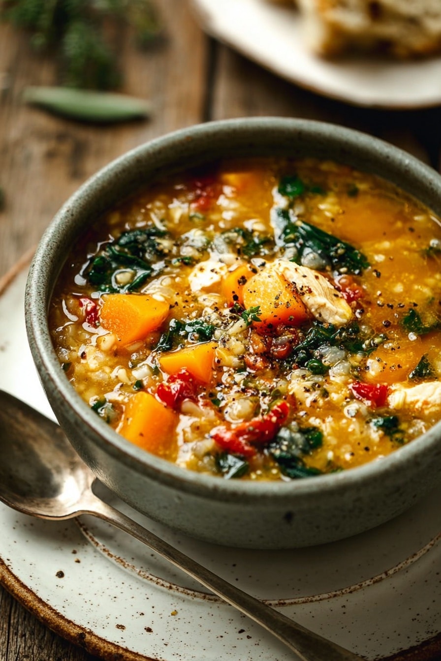 A gray bowl filled with a thick soup showing several layers of textures and colors: bright orange chunks of vegetables, white small grains, leafy dark green pieces, and scattered red roasted vegetable chunks, all mixed in a golden orange broth with specks of black pepper and herbs on top. The bowl sits on a white plate with some seasoning marks on it, and a large silver spoon rests next to the bowl against a rustic wooden surface. A blurred white plate with torn bread is visible in the background along with a small green sprig. photo taken with an iphone --ar 2:3 --v 7 - Fall Chicken Stew with Quinoa and Butternut Squash, hearty fall chicken stew, healthy chicken and butternut squash stew, comforting quinoa chicken dinner, easy autumn chicken recipe