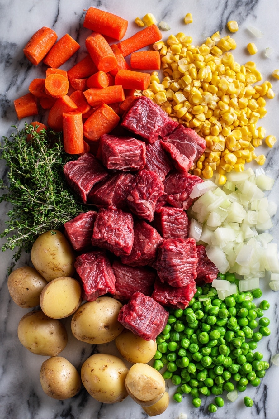 Flat lay of raw chuck roast cubes with a rich deep red color, bright orange carrot pieces, small quartered new potatoes with light brown skin, crisp celery ribs cut into chunks, a heap of diced white onions, vibrant frozen green peas and yellow corn kernels scattered beside sprigs of dried parsley and glossy crushed tomatoes, all beautifully arranged in an inviting composition, placed on a white marble surface, photo taken with an iphone --ar 2:3 --v 7 - Pressure Cooker Beef Stew, quick beef stew recipe, easy beef stew, hearty pressure cooker dinner, tender beef stew