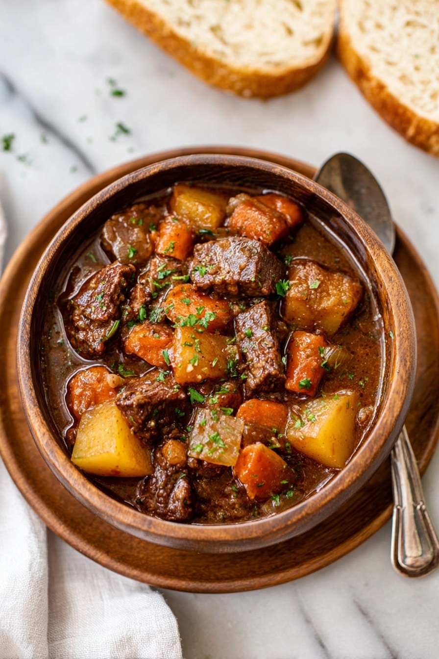 A brown wooden bowl filled with thick beef stew sits on a white plate on a white marbled surface. The stew has large chunks of dark brown beef, orange carrots, light yellow potatoes, and small pieces of onion all in a rich brown sauce. The dish is topped with finely chopped green herbs. To the side, there is a spoon and a white cloth napkin, along with two slices of white bread partially visible. Photo taken with an iphone --ar 2:3 --v 7 - Slow Cooker Venison Stew, hearty venison stew, rustic venison stew, comforting slow cooker recipes, winter beef and venison stew