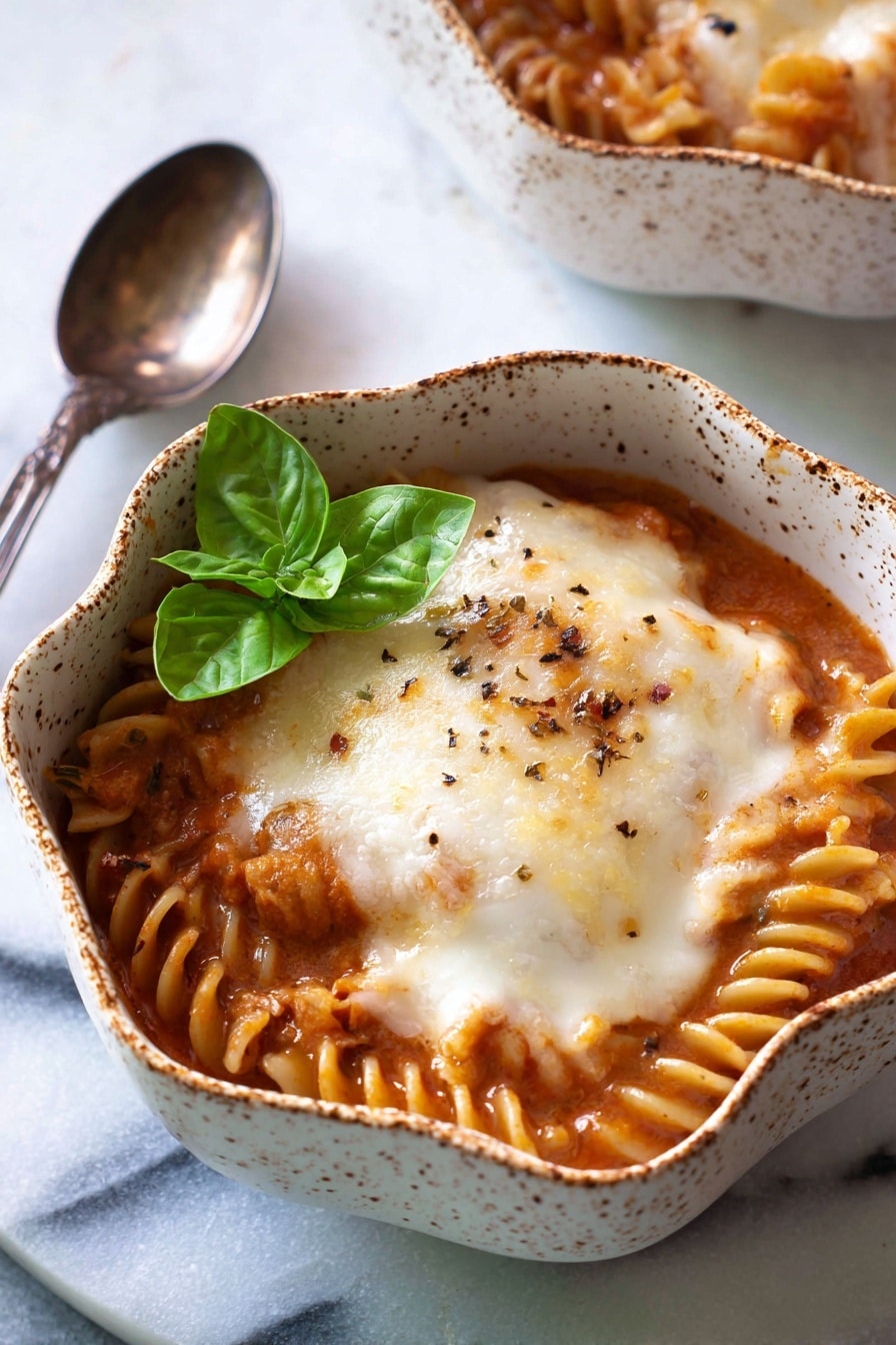 A bowl with a wavy edge filled with layers of food, starting with a reddish-orange thick sauce mixed with visible short spiral pasta pieces; on top, there is a smooth, melted white layer of cheese with golden brown spots from baking, creating a slightly uneven texture; a fresh green basil leaf sits on one side near the edge. The bowl is white with brown speckles, and the background shows a white marbled surface with a vintage spoon nearby. Photo taken with an iphone --ar 2:3 --v 7 - Slow Cooker Chicken Parmesan Soup, Italian chicken soup, easy chicken Parmesan, Italian comfort food, hearty slow cooker soup