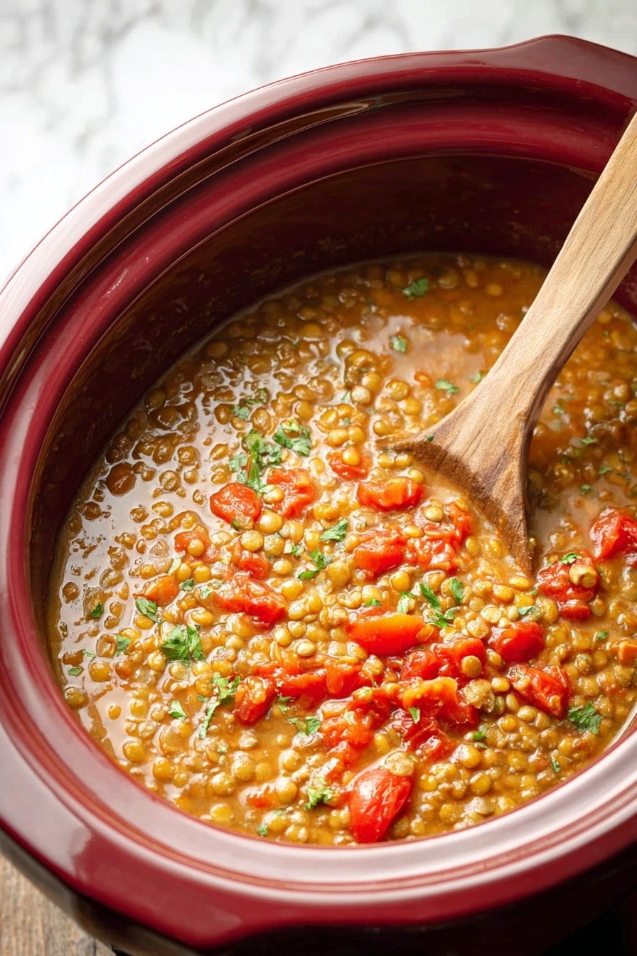 A close-up view of a red slow cooker filled with thick lentil soup, showing two main layers: the bottom layer is a creamy, light brown broth mixed with soft green lentils, and the top layer has vibrant pieces of red tomatoes and small green parsley leaves scattered across the surface. A wooden spoon is placed inside the slow cooker resting against the edge. The background has a white marbled texture photo taken with an iphone --ar 2:3 --v 7 - Slow Cooker Lentil Soup, vegan lentil soup recipe, healthy lentil soup, easy slow cooker soup, gluten-free lentil soup