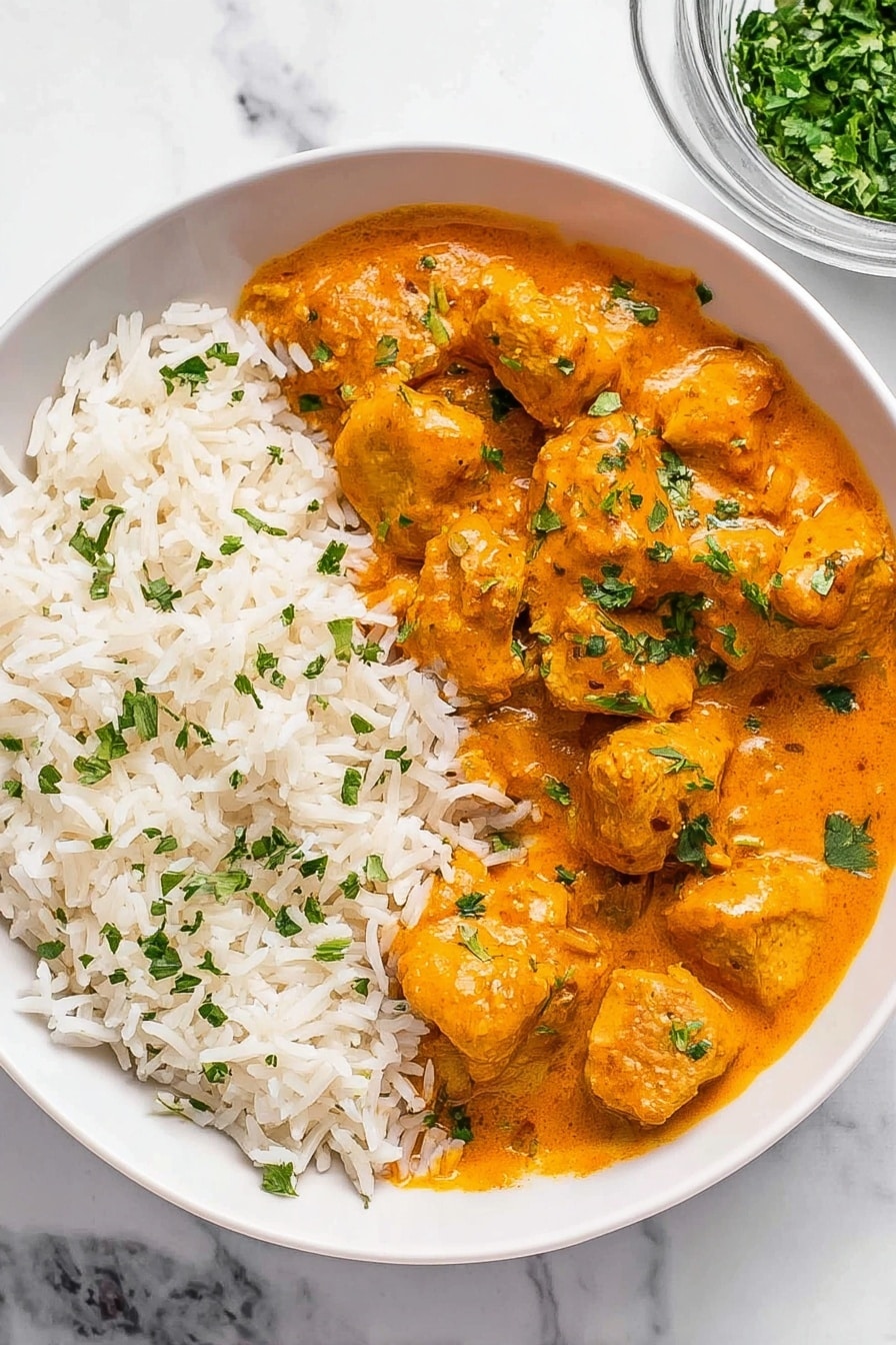 A white bowl contains two main layers: on the left side is a fluffy pile of white rice with fresh green herb pieces sprinkled on top, and on the right side are chunks of chicken covered in a creamy orange sauce with a smooth texture, also garnished with small green herb bits scattered around. The background is a white marbled surface and a small glass bowl filled with more chopped herbs is partially visible at the top right corner. photo taken with an iphone --ar 2:3 --v 7 - Slow Cooker Butter Chicken, Indian Butter Chicken, Easy Slow Cooker Dinner, Creamy Chicken Curry, Make-Ahead Indian Chicken