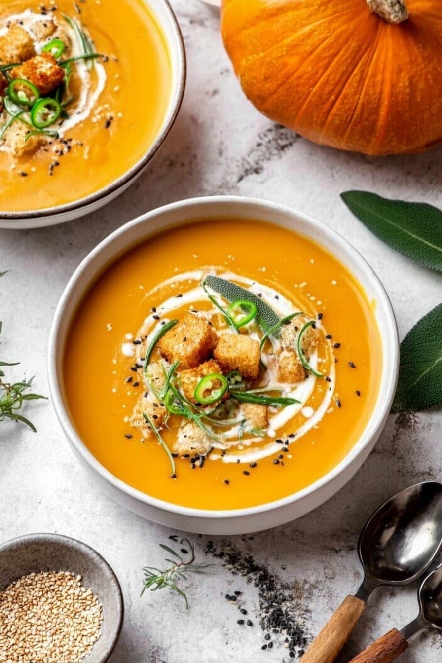 A white bowl filled with smooth orange pumpkin soup is at the center, topped with a swirl of white cream, small green chili slices, fresh green herbs, black pepper, and small golden croutons. Another similar bowl of soup is partly visible in the top left corner. To the right of the main bowl, there is a large whole pumpkin and green leaves on a white marbled surface. A spoon with a wooden handle lies nearby on the same surface, which also contains a small dish of sesame seeds at the bottom left. Photo taken with an iphone --ar 2:3 --v 7 - Creamy Pumpkin Curry Soup, pumpkin curry soup, easy pumpkin soup, healthy pumpkin soup, comforting fall soups