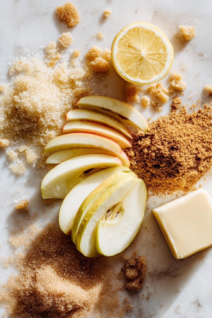 Flat lay of thinly sliced honeycrisp apples arranged in a delicate fan, a halved bright yellow lemon with visible juice droplets, a small heap of golden brown sugar crystals, a mound of light beige granulated sugar, a pile of soft brown sugar with rich texture, a scattering of warm-toned pumpkin pie spice powder, and a chilled cube of pale yellow cold butter with sharp edges, all placed on a white marble surface, photo taken with an iphone --ar 2:3 --v 7 - Apple Brown Betty, apple dessert, fall dessert, easy apple crumble, cinnamon apple crisp