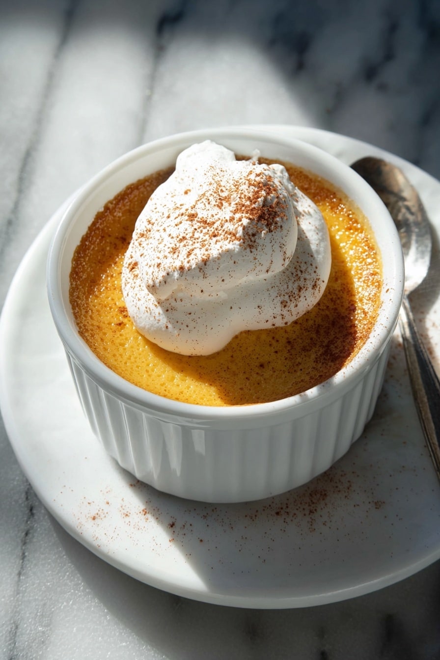 A white ramekin filled with a smooth and light orange custard with a slightly bubbly surface, topped with a large dollop of whipped cream sprinkled with a fine dusting of cinnamon. The ramekin sits on a white marbled surface with sunlight casting bright shadows, highlighting the creamy texture and warm color of the dessert. Photo taken with an iphone --ar 2:3 --v 7 - Creamy Pumpkin Egg Custard, pumpkin custard dessert, fall pumpkin pudding, seasonal pumpkin custard, easy pumpkin custard recipe