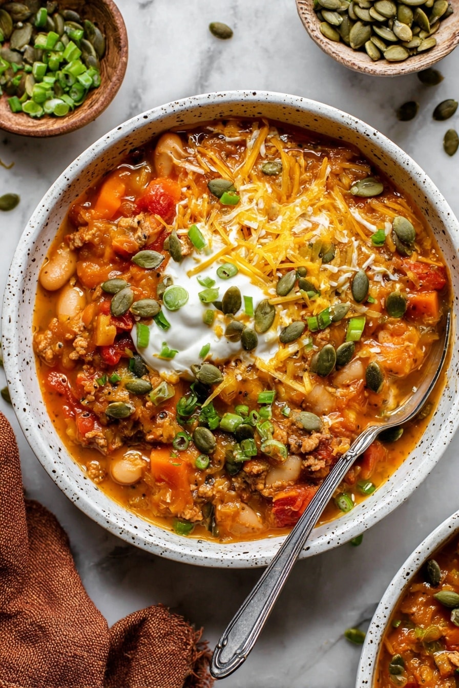 A bowl with thick soup full of soft carrot chunks, white beans, diced tomatoes, and meat in an orange sauce fills the frame. On top, there is a scoop of white sour cream in the center, surrounded by shredded yellow cheddar cheese and sprinkled with green chopped spring onions and dark green pumpkin seeds. A silver spoon rests inside the bowl on the right side. The bowl is white with subtle black specks and sits on a white marbled surface. Nearby, there is a brown cloth napkin and a small bowl with more green pumpkin seeds. Photo taken with an iphone --ar 2:3 --v 7 - Turkey Pumpkin Chili, healthy turkey chili, pumpkin chili recipe, hearty fall chili, easy pumpkin chili