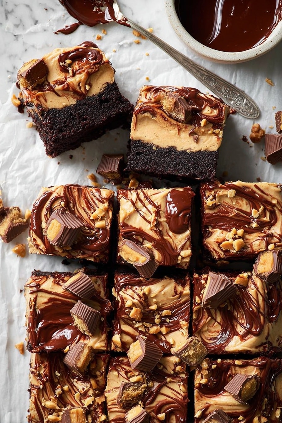 The image shows nine thick square pieces of chocolate cake arranged on white parchment paper over a white marbled surface. Each cake piece has two layers: a dark, moist chocolate base and a thick, creamy peanut butter-colored frosting on top. The frosting is rich and smooth with swirls of glossy dark chocolate sauce drizzled over it. Pieces of peanut butter cups and chopped peanuts are scattered generously on each slice, adding texture and contrast. A silver spoon rests in a small white bowl filled with dark chocolate sauce at the top, and a woman's hand reaches into one of the cake squares. The whole scene looks delicious and indulgent with a mix of smooth and chunky textures. photo taken with an iphone --ar 2:3 --v 7 - Chocolate Peanut Butter Cake for a Crowd, large party chocolate peanut butter dessert, easy crowd-pleasing chocolate cake, decadent peanut butter chocolate cake, party dessert recipes
